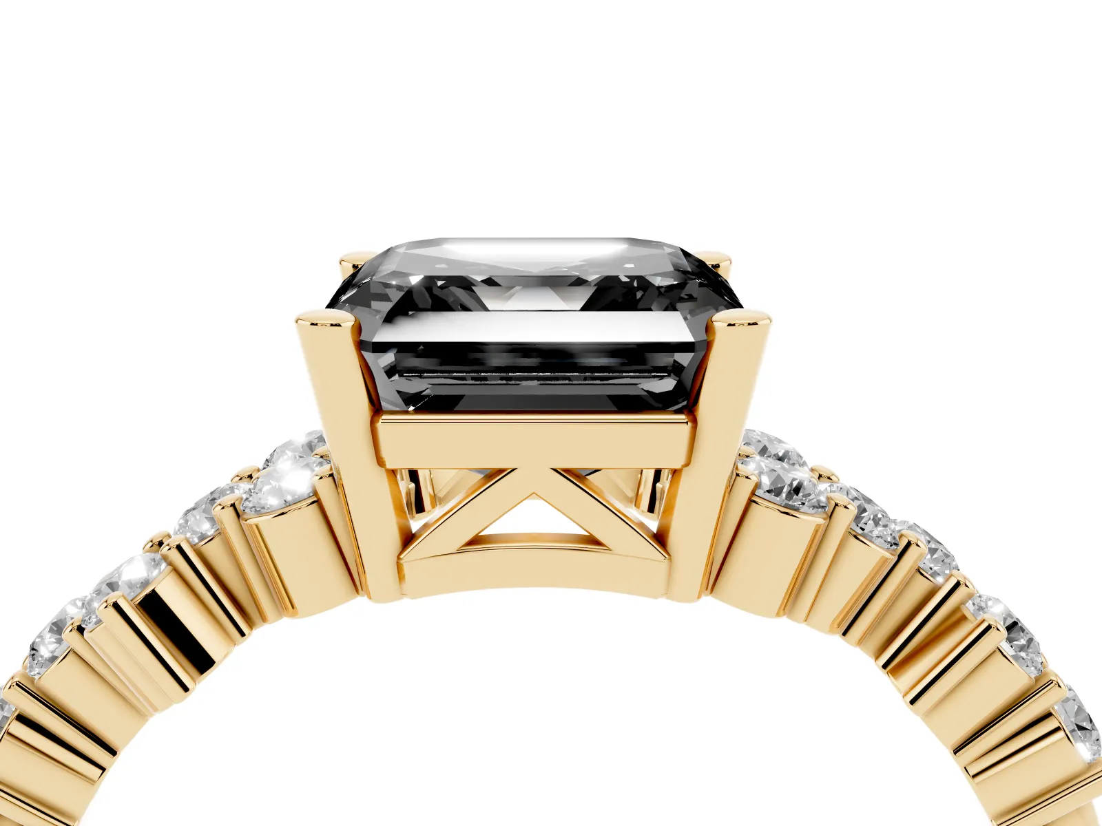 Fancy Black Asscher Cut Diamond Scattered Round Accent Ring with Prong Setting Yellow gold