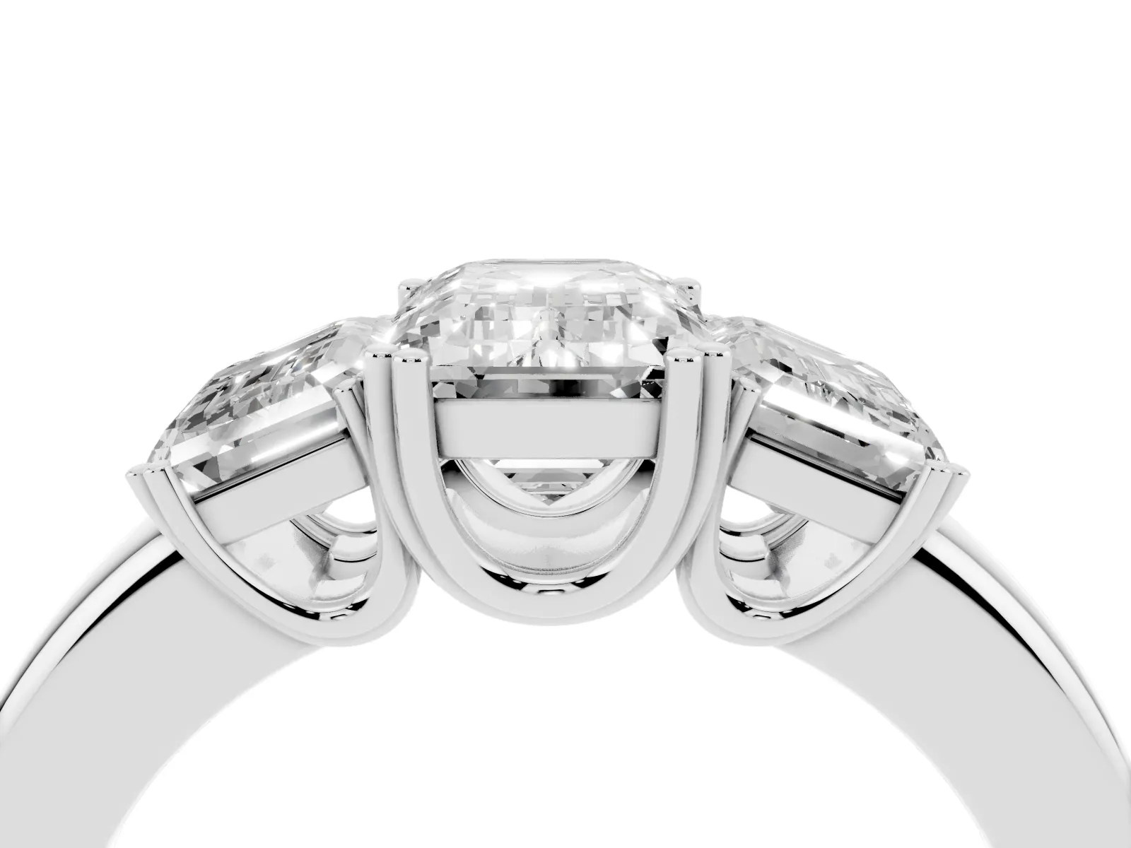 Three-Stone Emerald Cut Cut Diamond Ring with Channel Set Band and Four-Prong Setting White gold