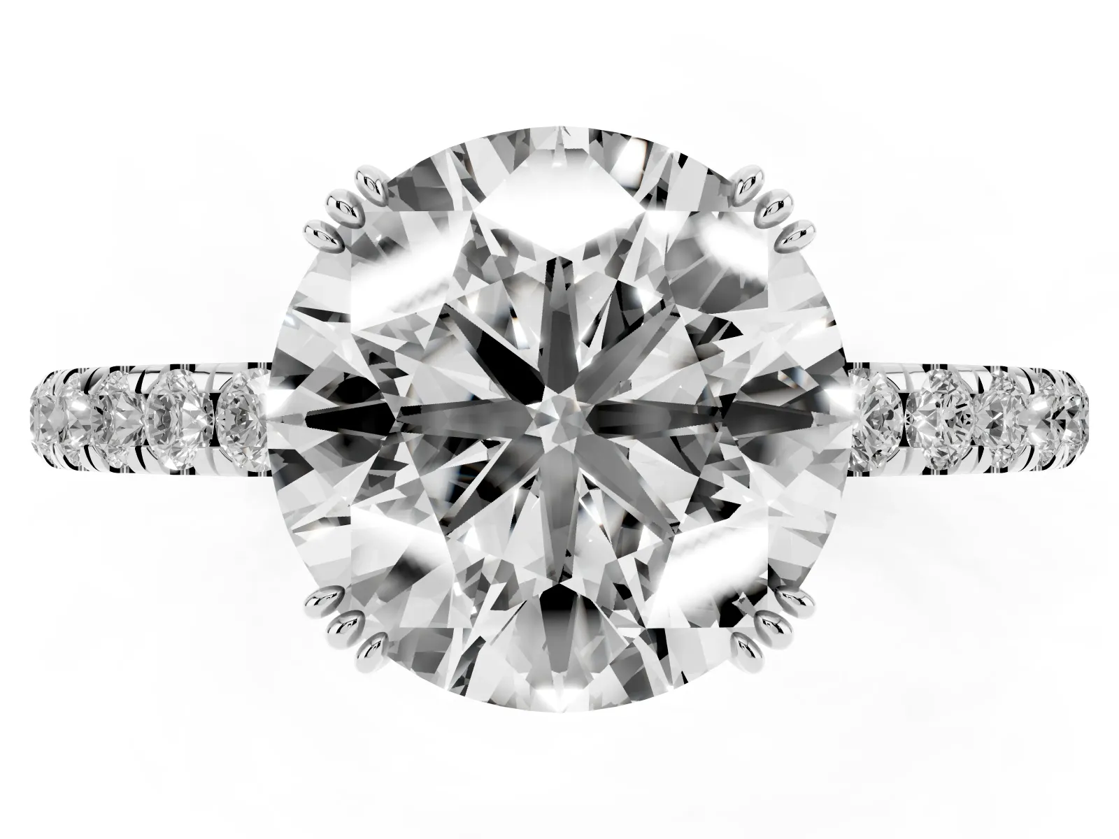 Round Cut Brilliant Solitaire with Pavé Band and Claw Prong Setting Platinum