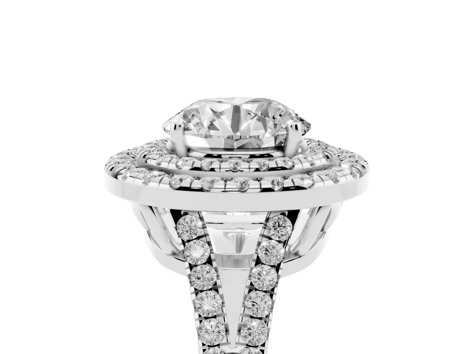 Round Cut Diamond Double Halo Ring with Pavé Band and Prong Setting Platinum