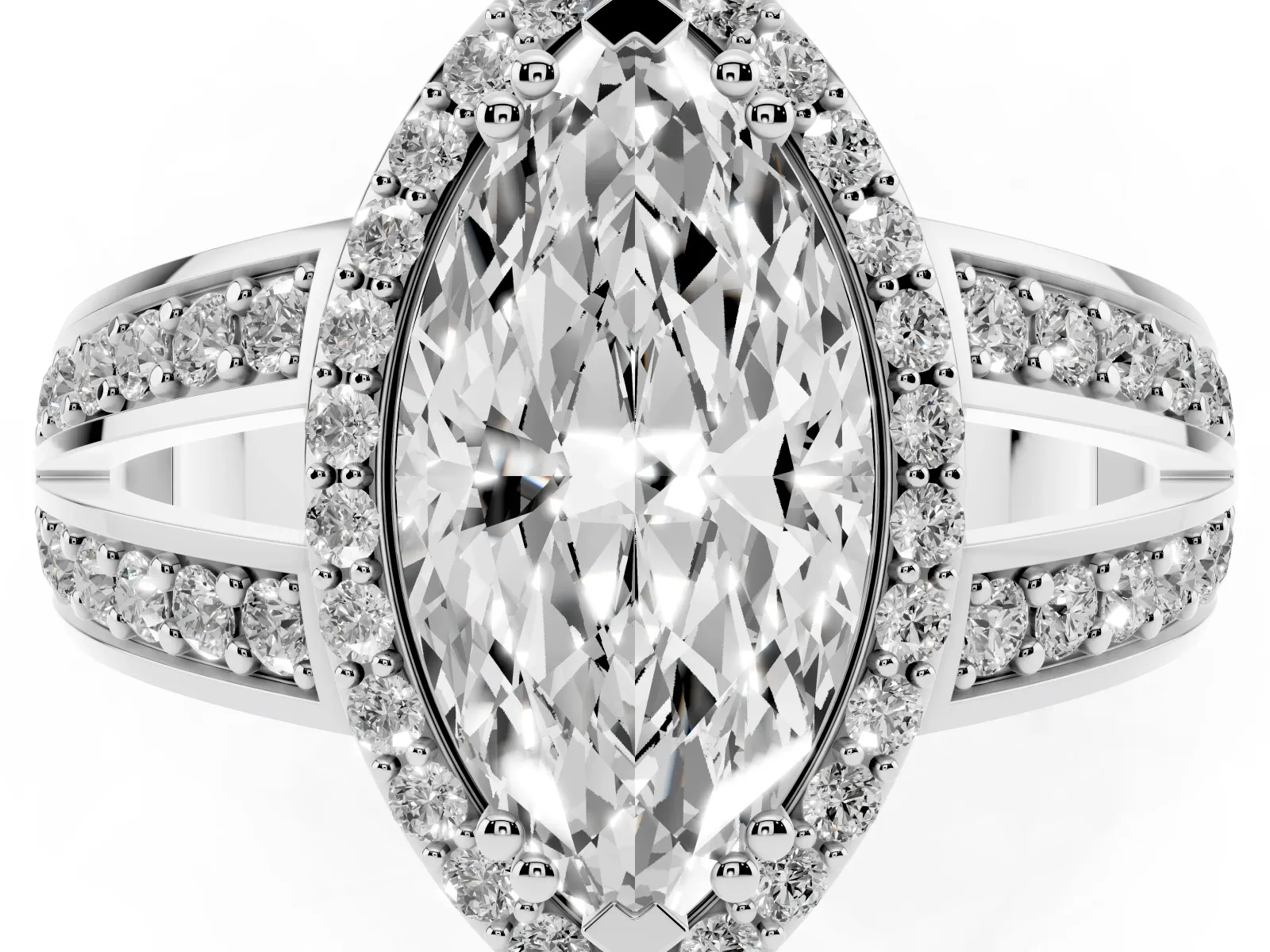 Marquise Cut Diamond Halo Ring with Split Shank Pavé Band and Four-Prong Setting White gold