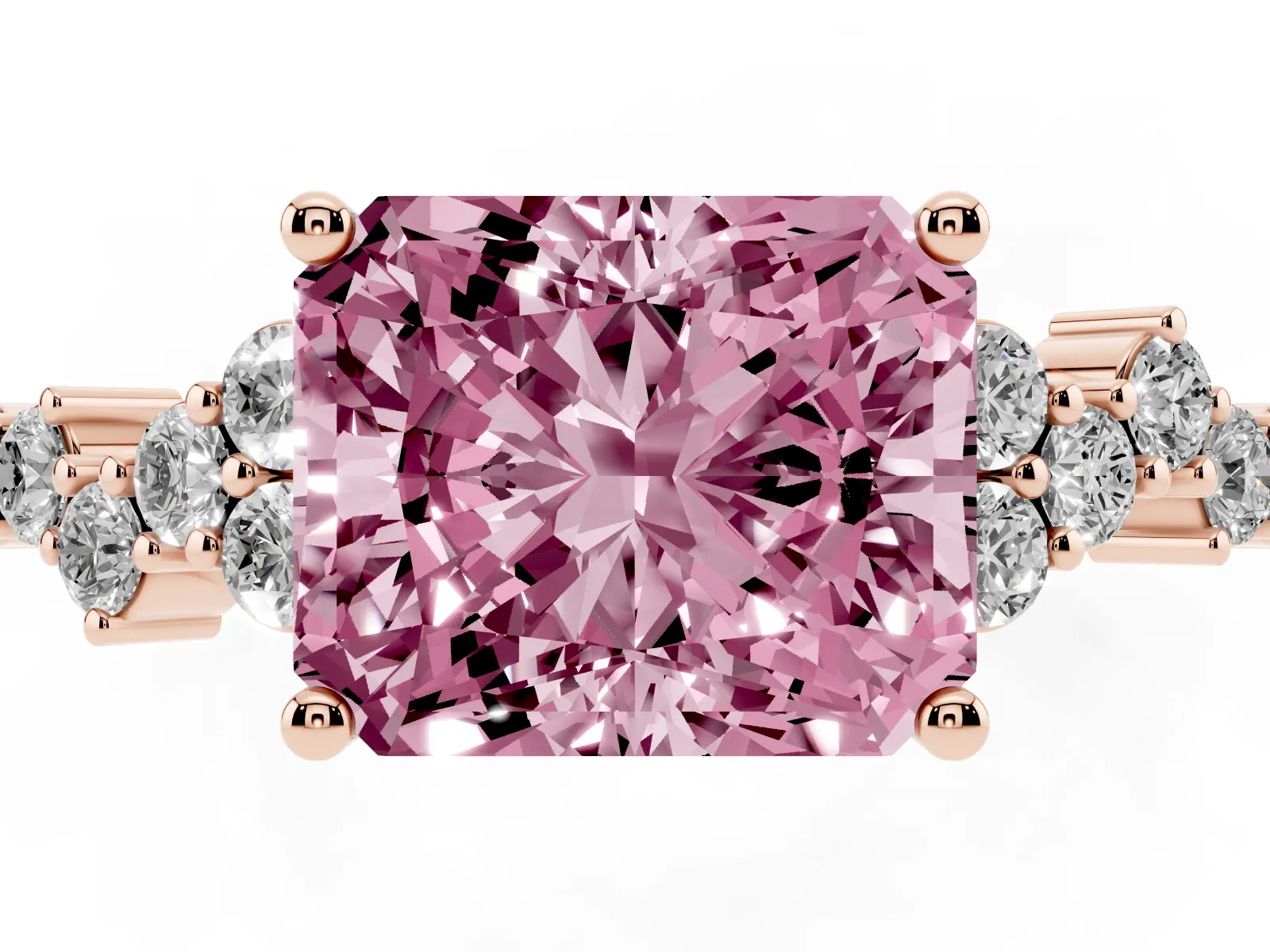Fancy Pink Radiant Cut Diamond Scattered Round Accent Ring with Prong Setting Rose gold
