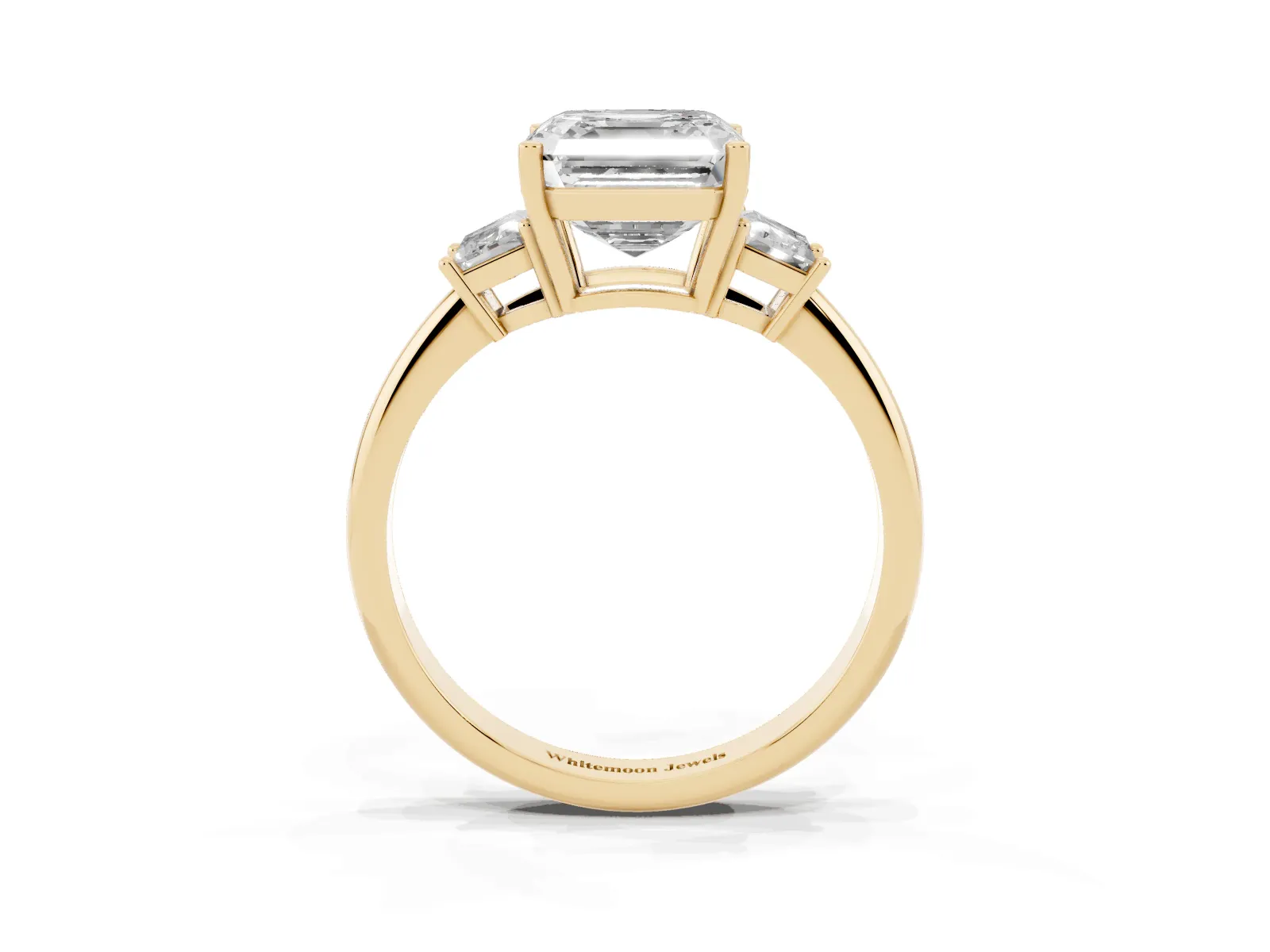 Asscher Cut Diamond Three-Stone Ring with Trapezoid Side Stones and Prong Setting Yellow gold