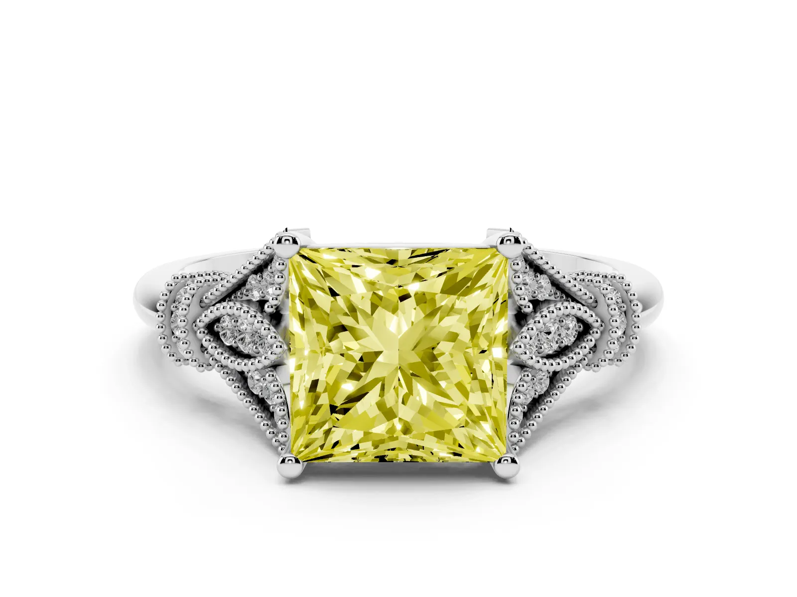 Fancy Yellow Princess Cut Diamond Solitaire Ring with Floral Filigree and Pave Accents Platinum