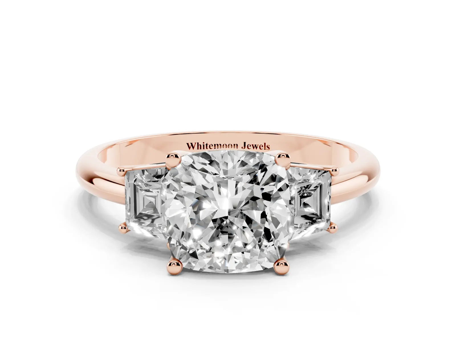 Cushion Cut Diamond Three-Stone Ring with Trapezoid Side Stones and Prong Setting Rose gold