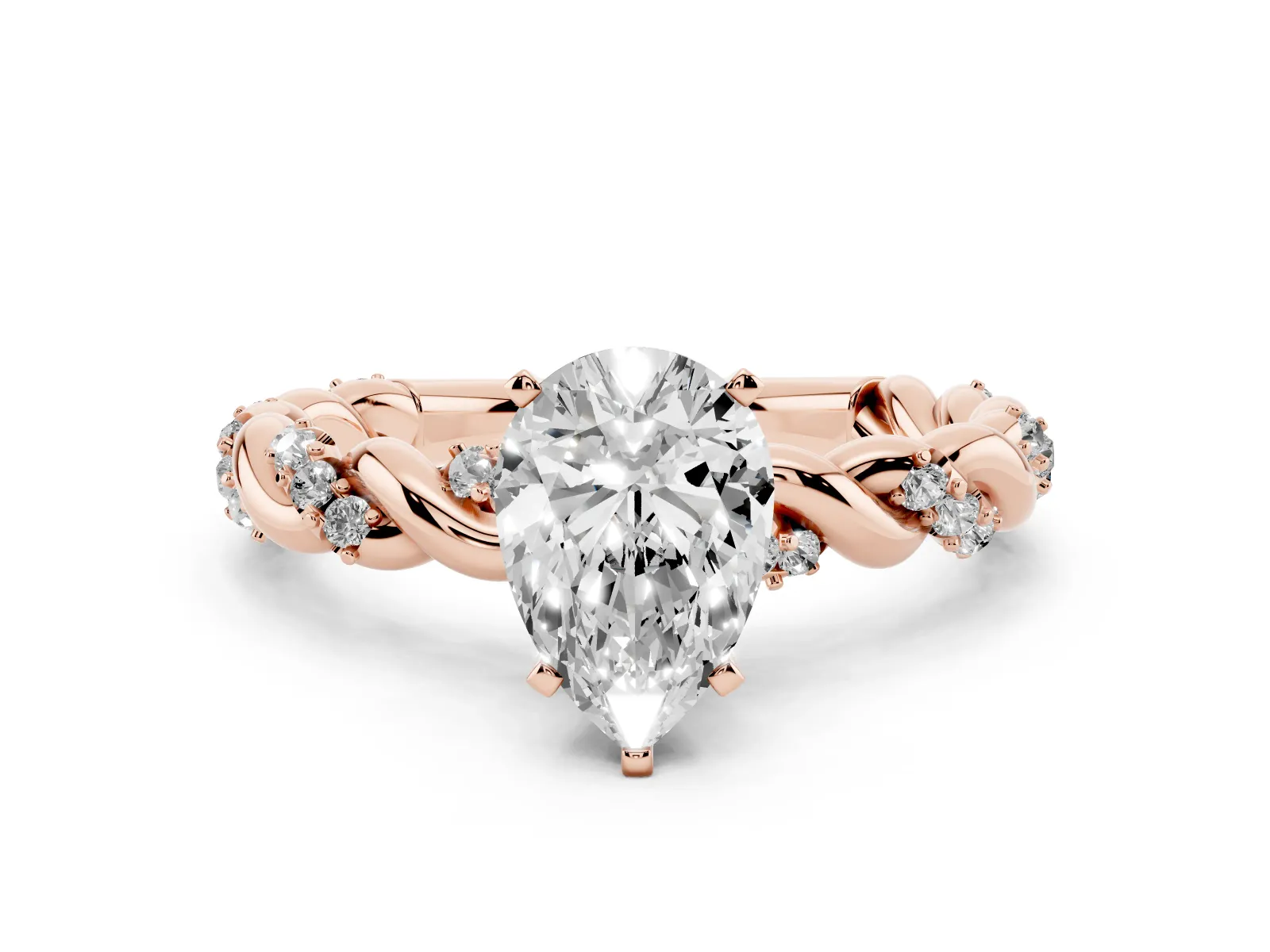 Pear Cut Diamond Solitaire Ring with Twisted Band and Pavé Accents Rose gold