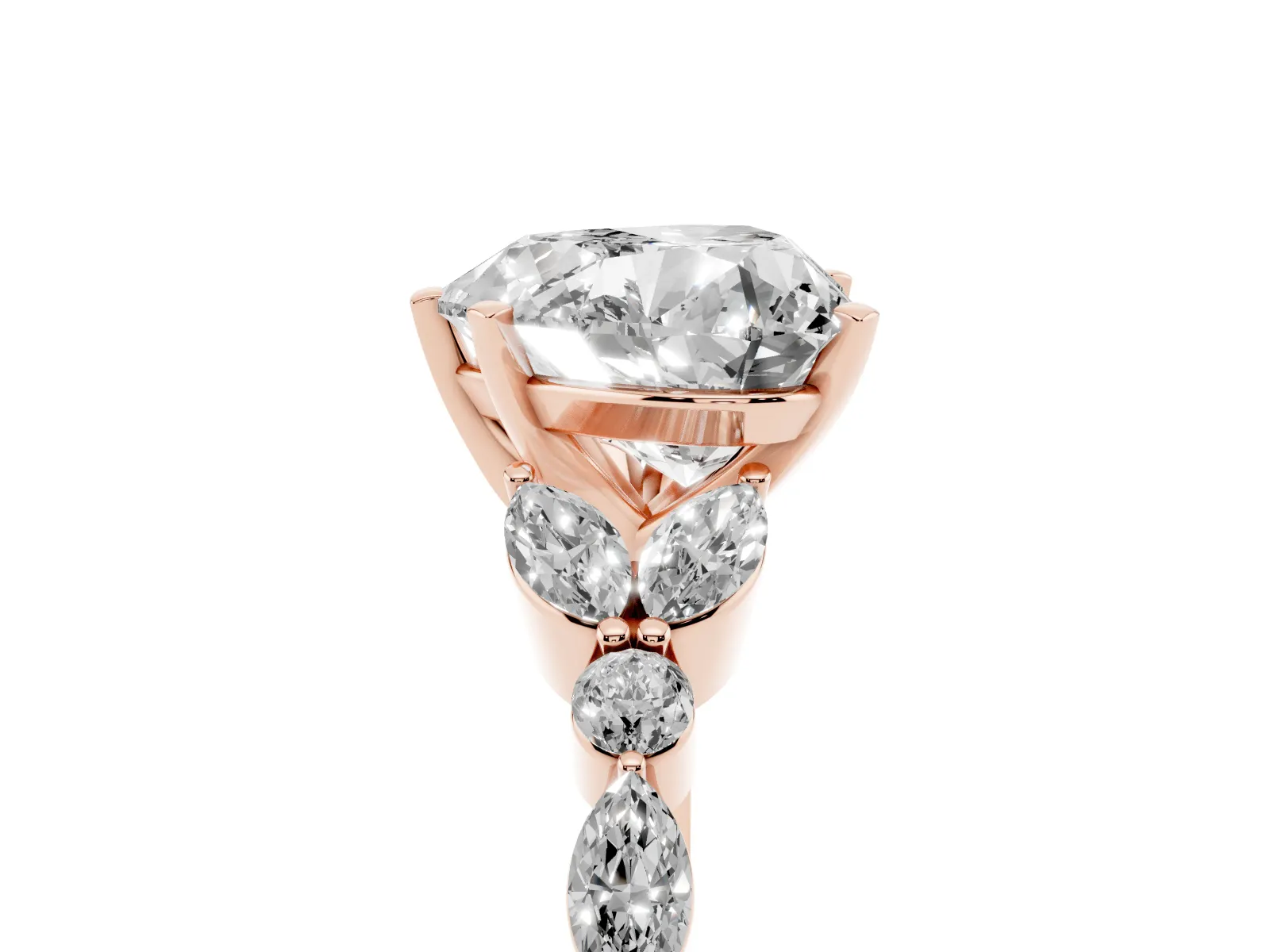 Heart Cut Diamond Solitaire Ring with Side Stones and Four-Prong Setting Rose gold