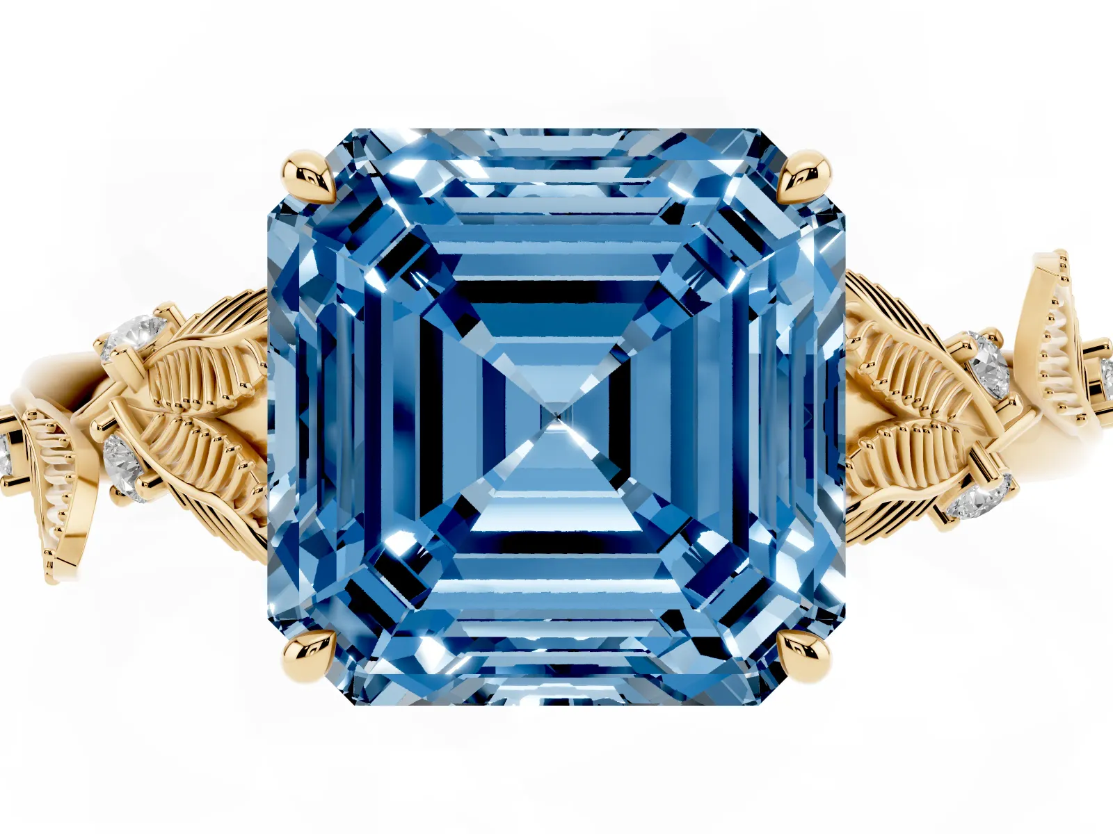 Fancy Blue Asscher Cut Diamond Solitaire Ring with Leaf Motif Band and Four-Prong Setting Yellow gold