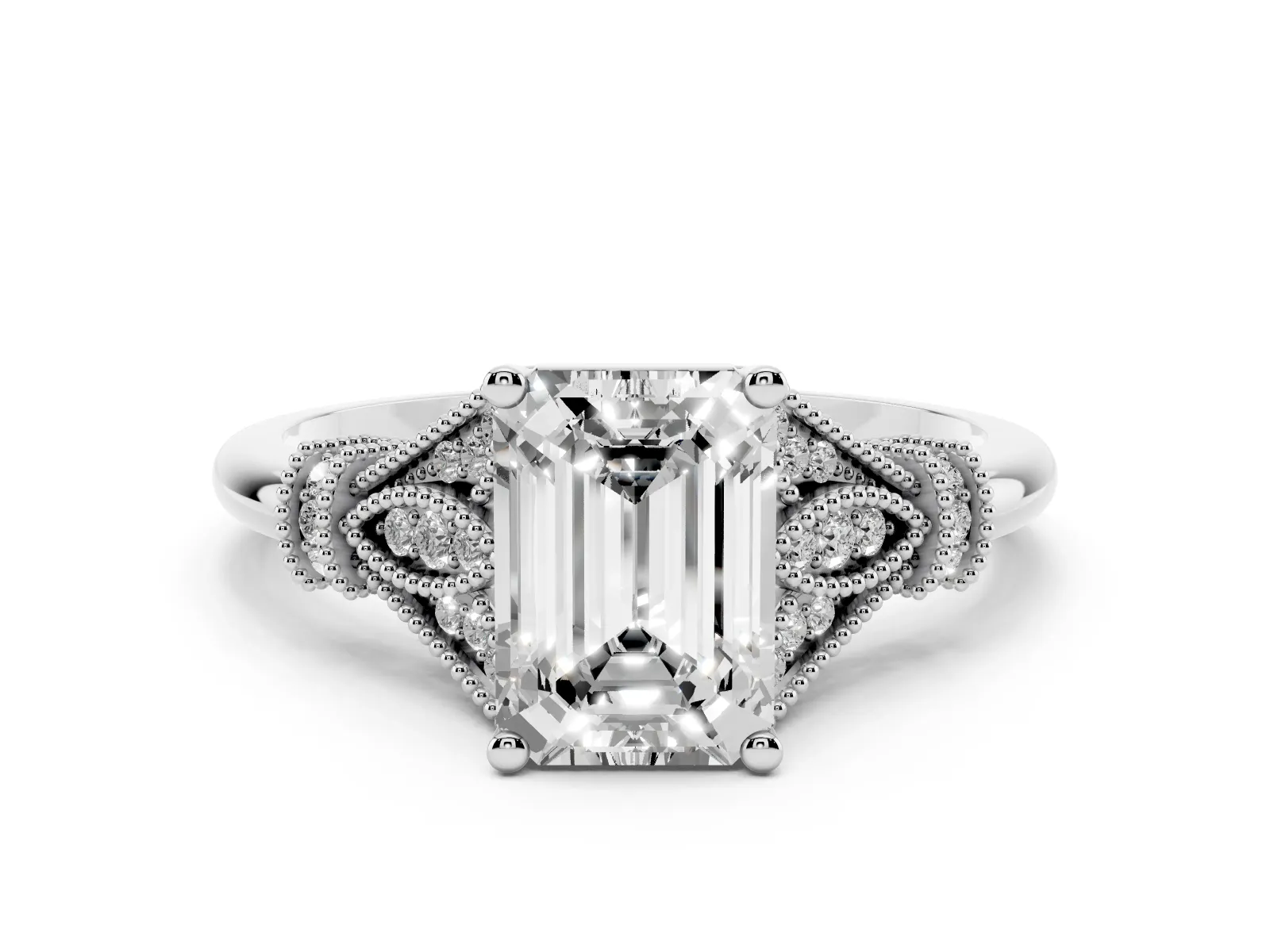 Emerald Cut Diamond Solitaire Ring with Floral Filigree and Pave Accents Platinum