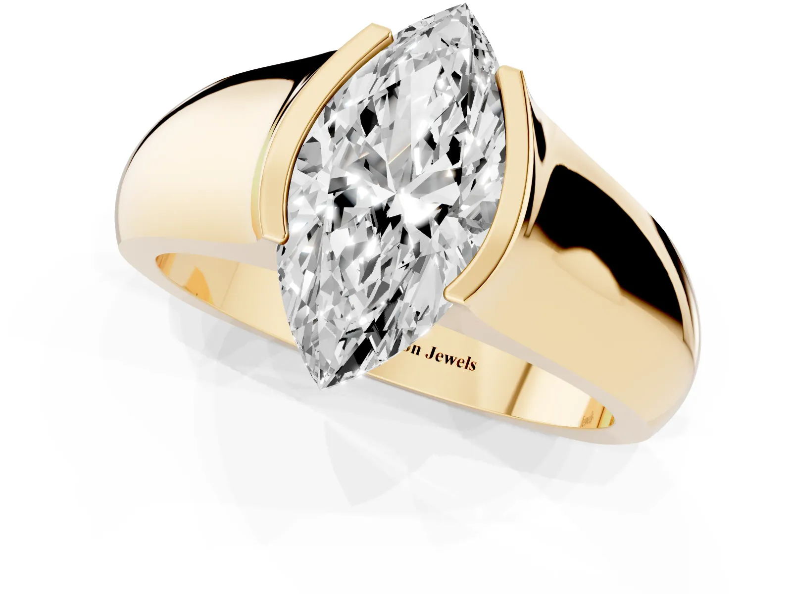Marquise Cut Solitaire Bezel Set Diamond Ring with Wide Band Yellow gold