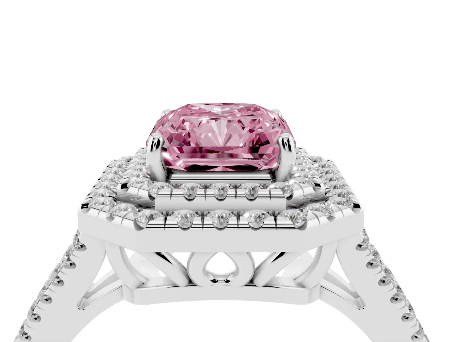 Fancy Pink Radiant Cut Diamond Double Halo Ring with Pavé Band and Prong Setting Platinum