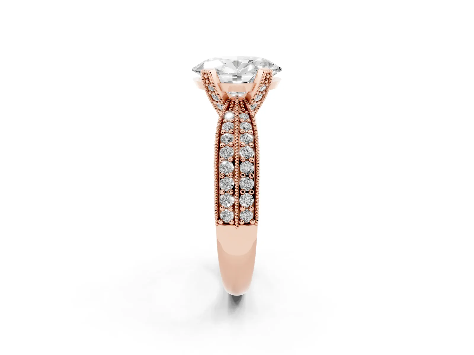Oval Cut Diamond Solitaire Ring with Milgrain Round Pavé Band and Prong Setting Rose gold