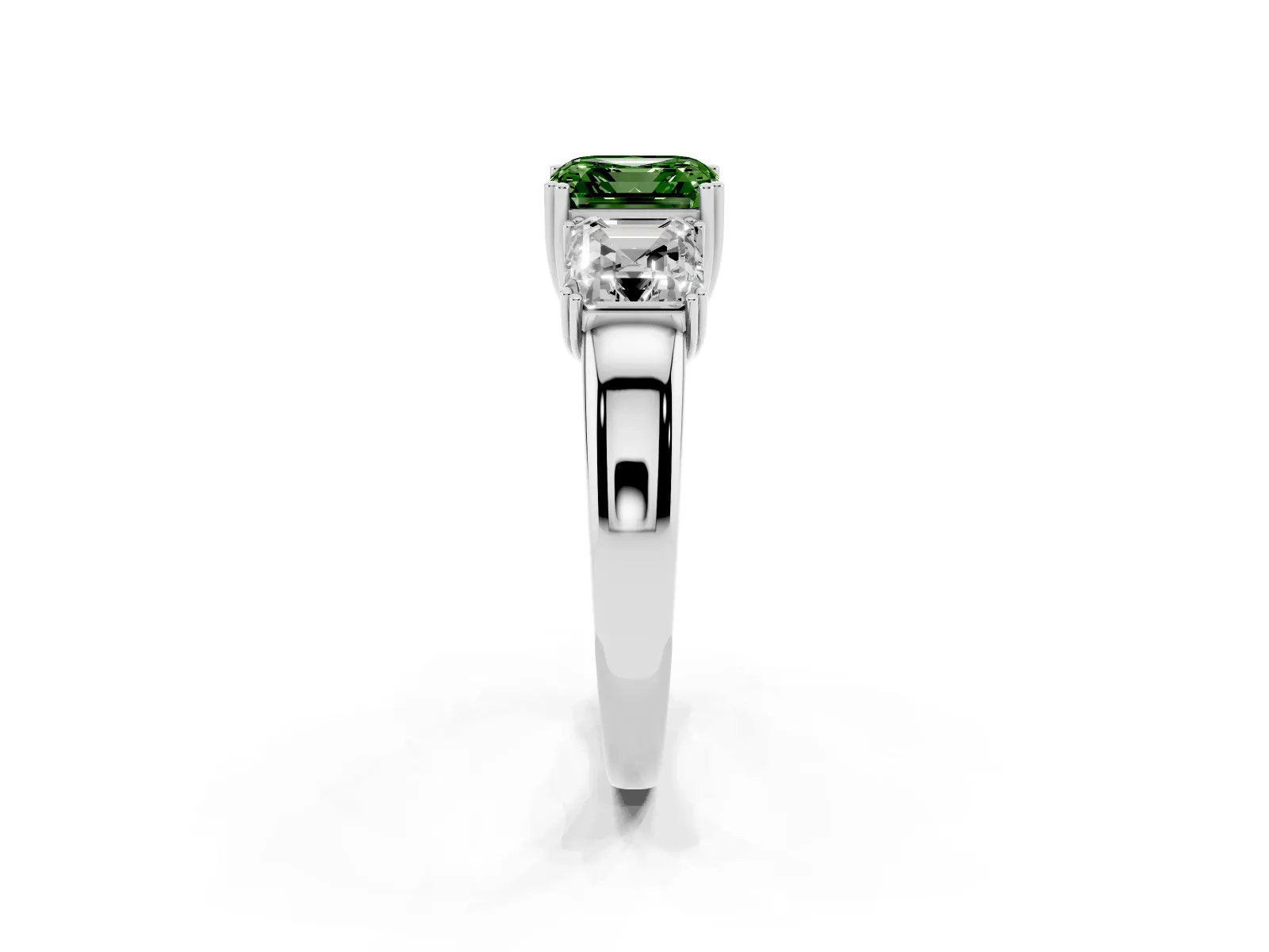 Fancy Green Three-Stone Asscher Cut Cut Diamond Ring with Channel Set Band and Four-Prong Setting White gold