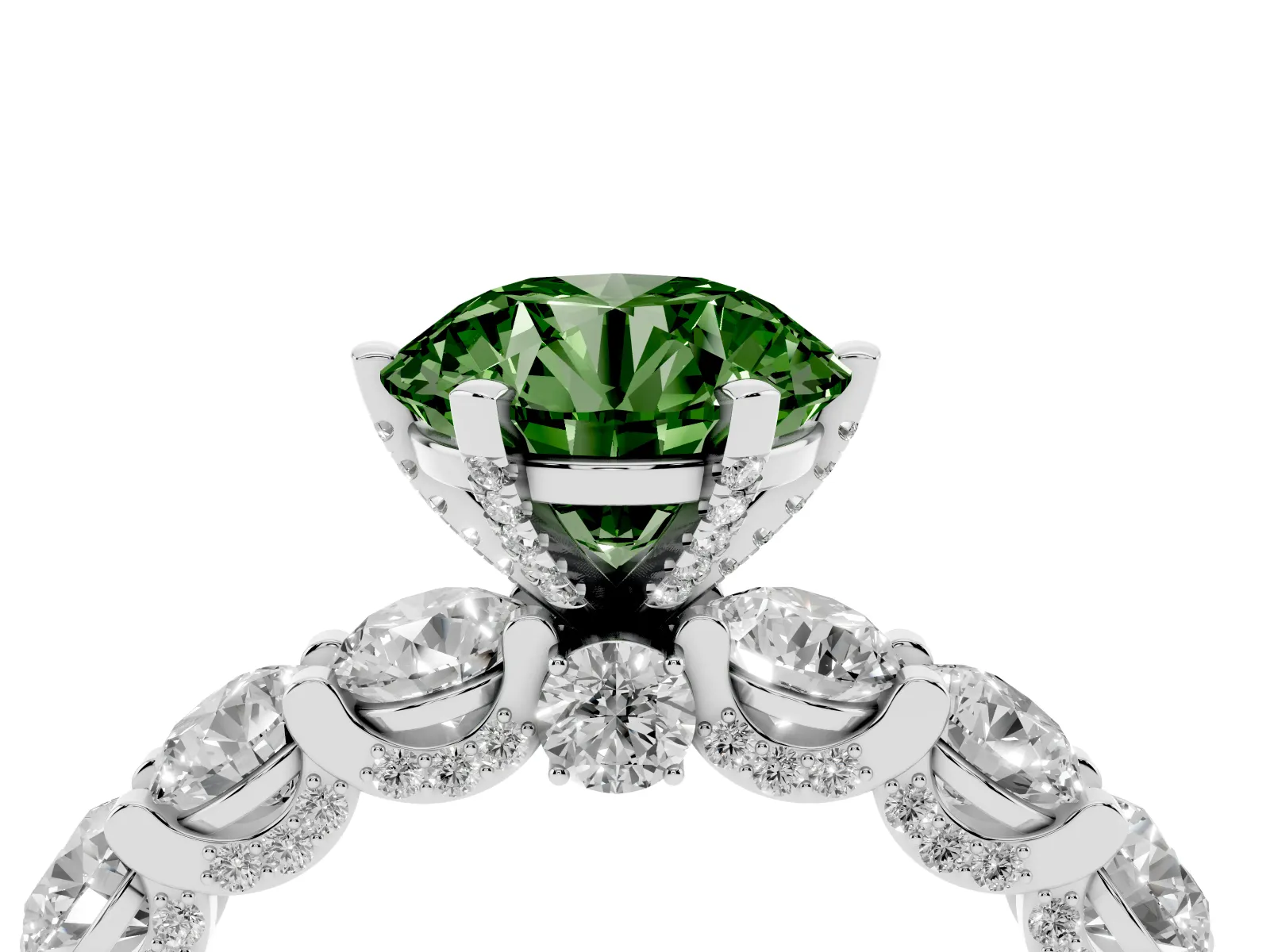 Fancy Green Round Cut Diamond Side Stone Engagement Ring with Four-Prong Setting White gold
