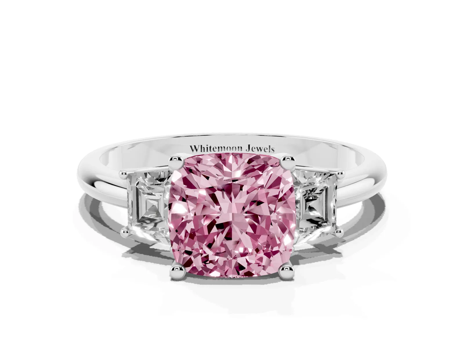 Fancy Pink Cushion Cut Diamond Three-Stone Ring with Trapezoid Side Stones and Prong Setting Platinum