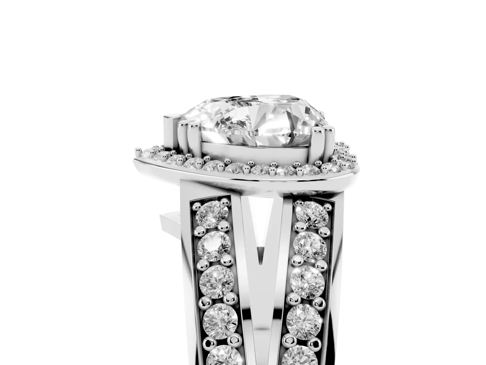 Heart Cut Diamond Halo Ring with Split Shank Pavé Band and Four-Prong Setting Platinum