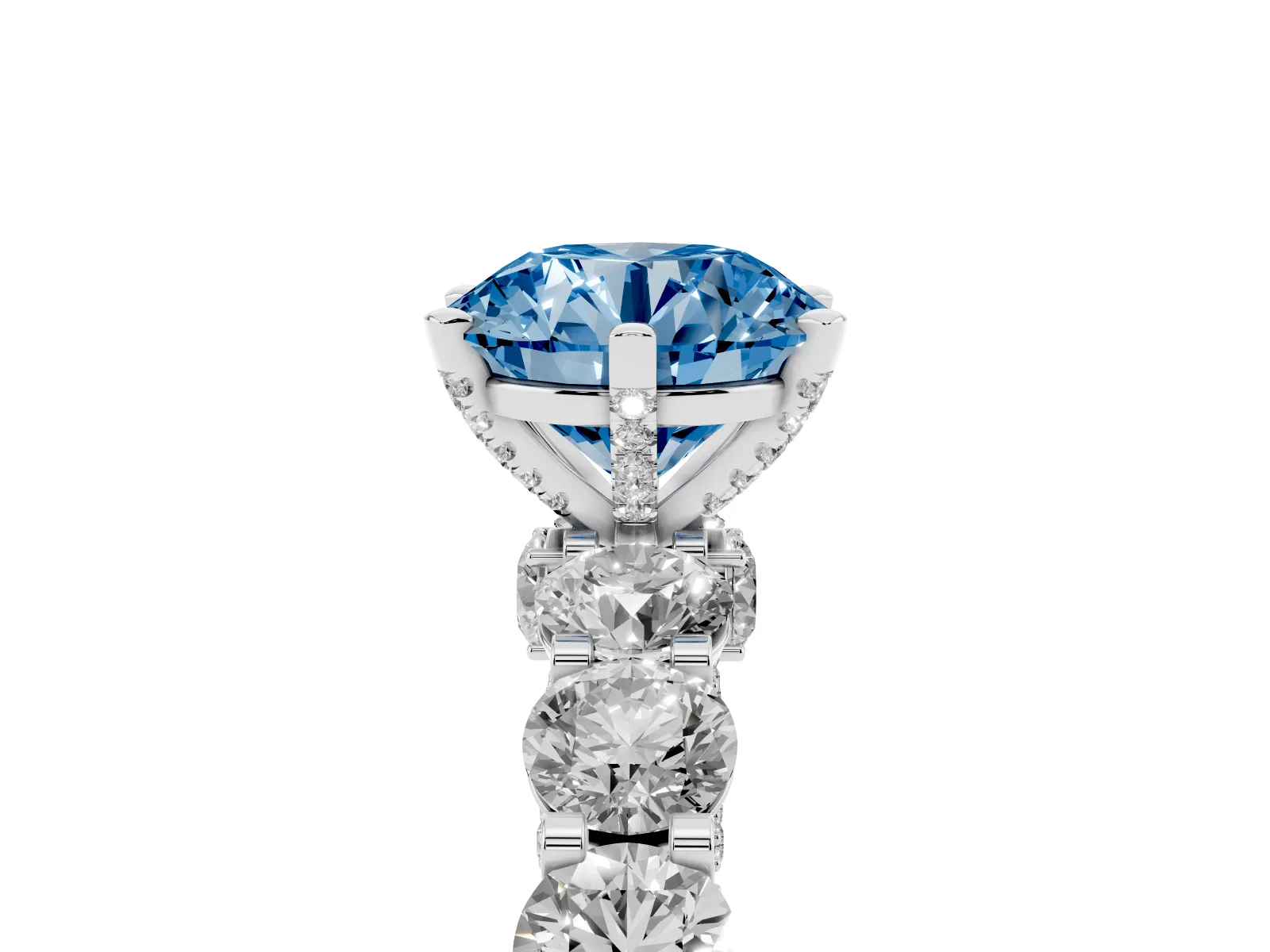 Fancy Blue Round Cut Diamond Side Stone Engagement Ring with Four-Prong Setting Platinum