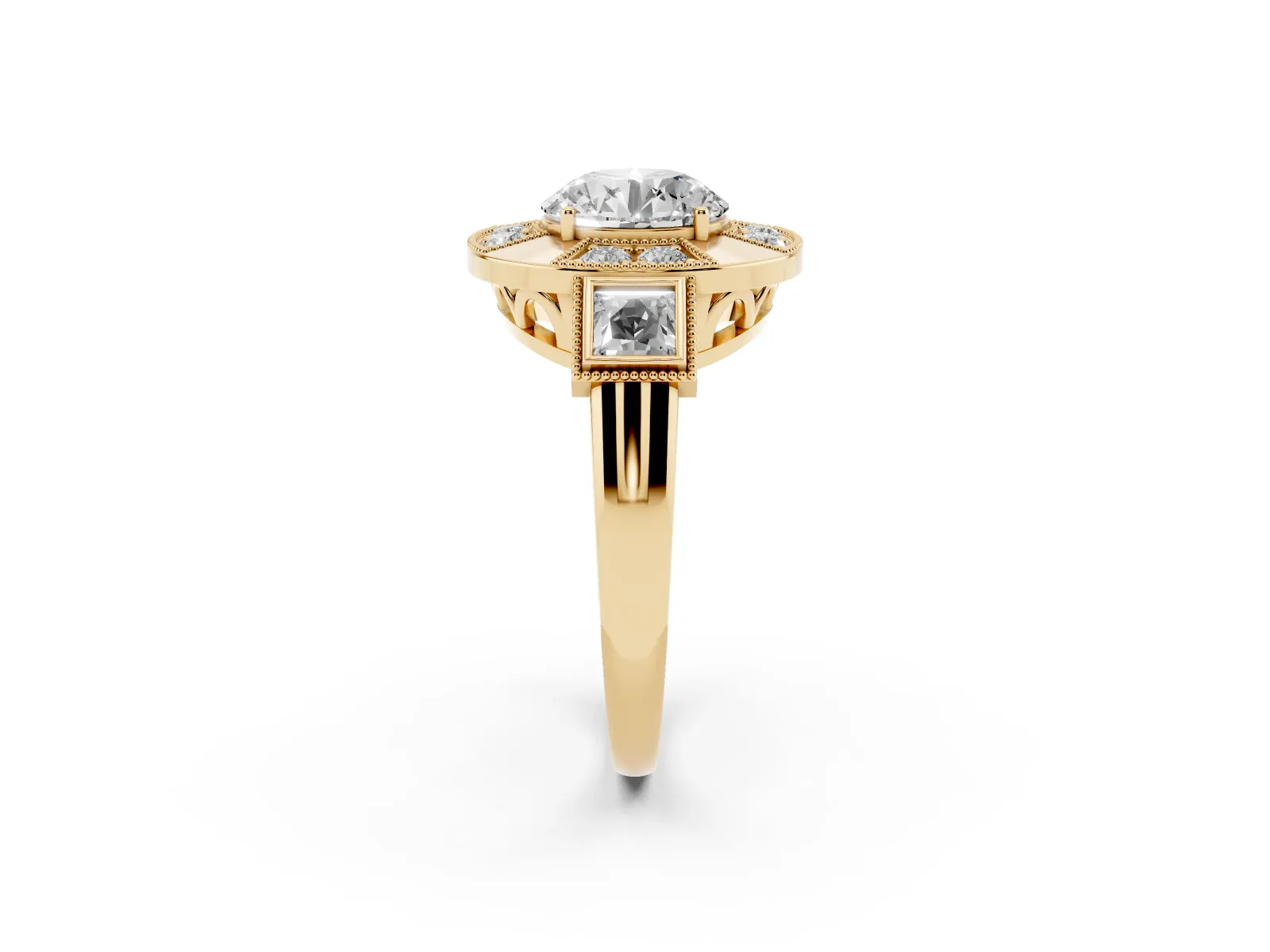 Milgrain Round Cut Diamond Halo Split Shank Ring Yellow gold