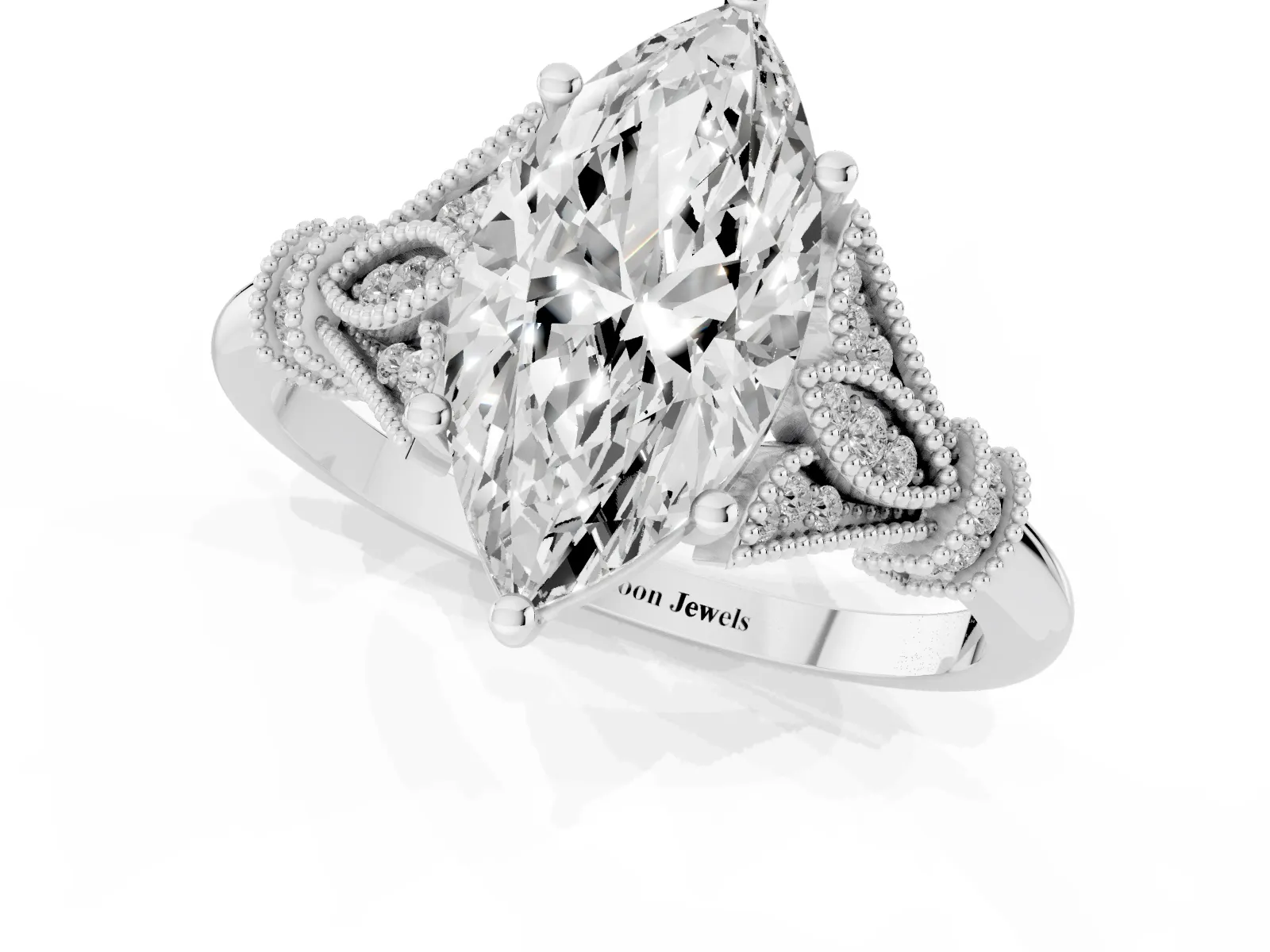 Marquise Cut Diamond Solitaire Ring with Floral Filigree and Pave Accents Platinum