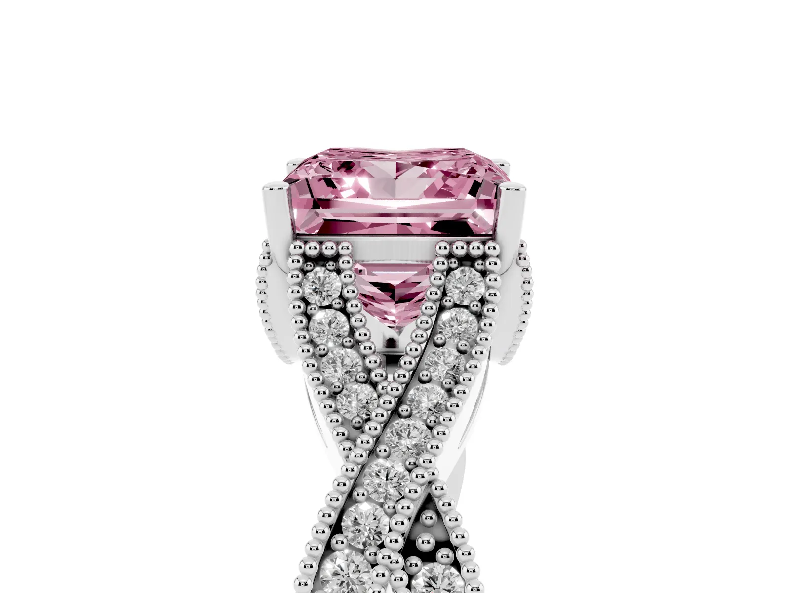 Fancy Pink Princess Cut Cut Diamond Twisted Band with Milgrain Pave Setting and Four-Prong Setting Platinum