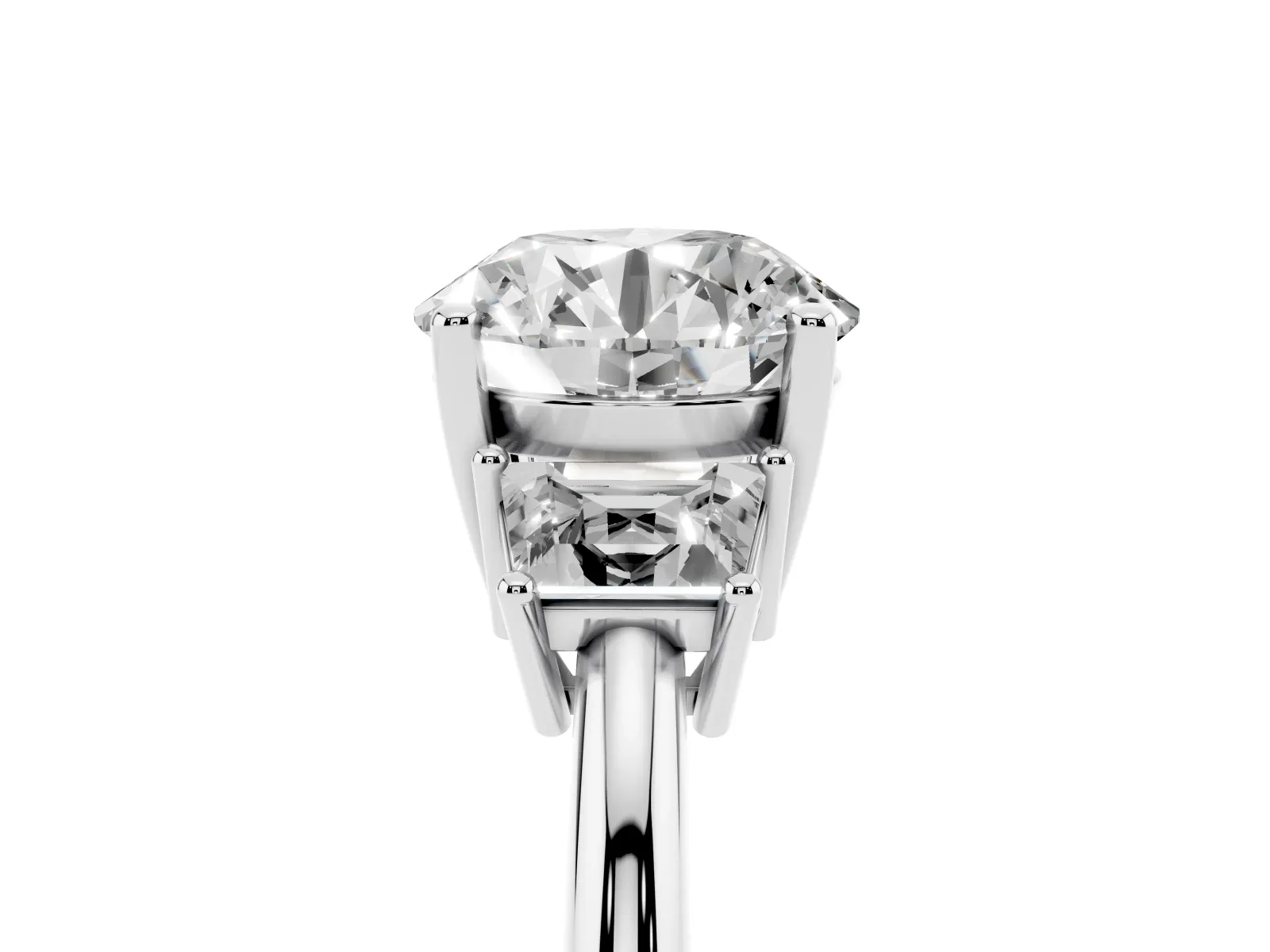 Round Cut Diamond Three-Stone Ring with Trapezoid Side Stones and Prong Setting Platinum