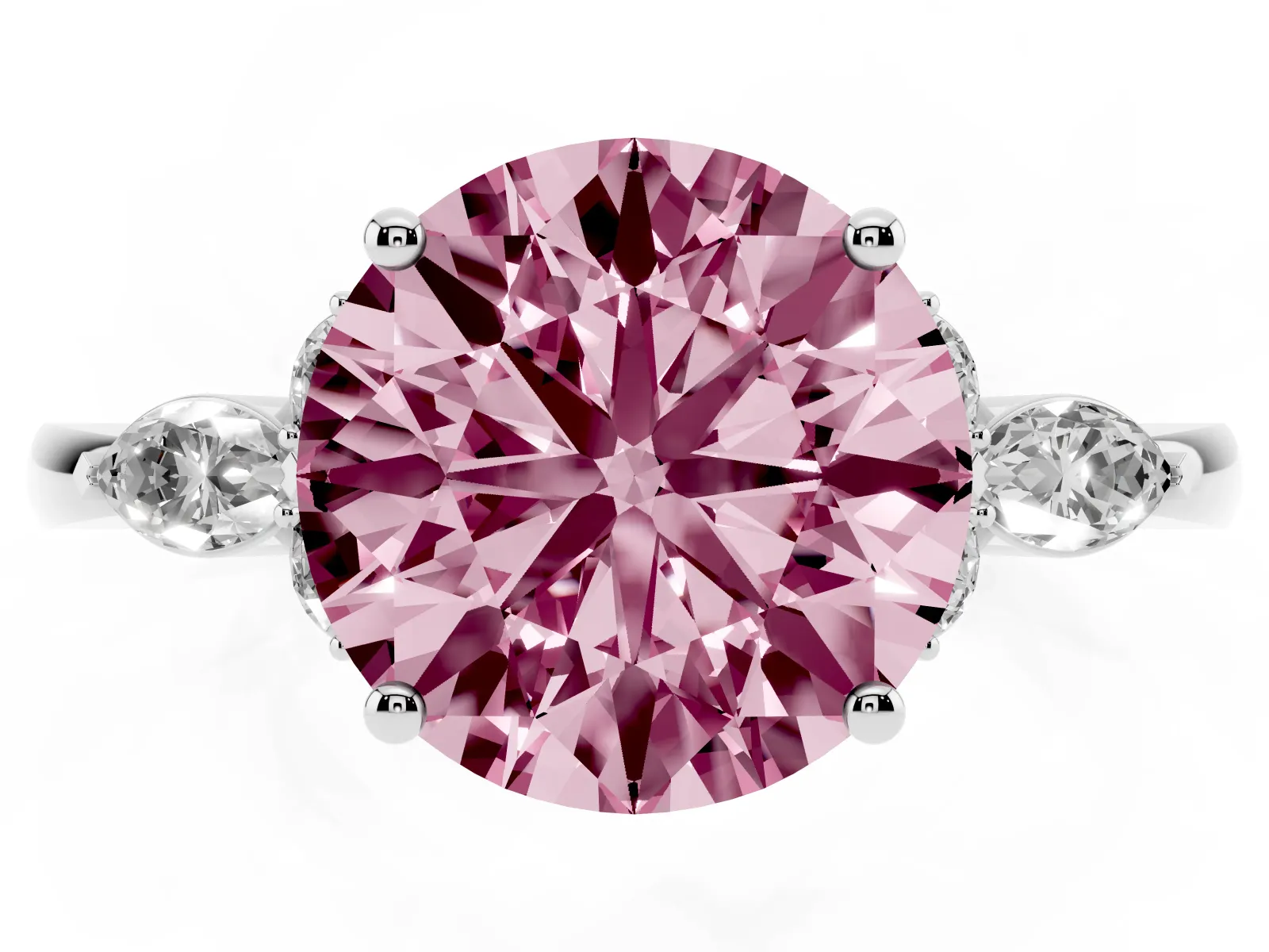 Fancy Pink Round Cut Brilliant Diamond Solitaire Ring with Pear Side Stones and Four-Prong Setting Platinum