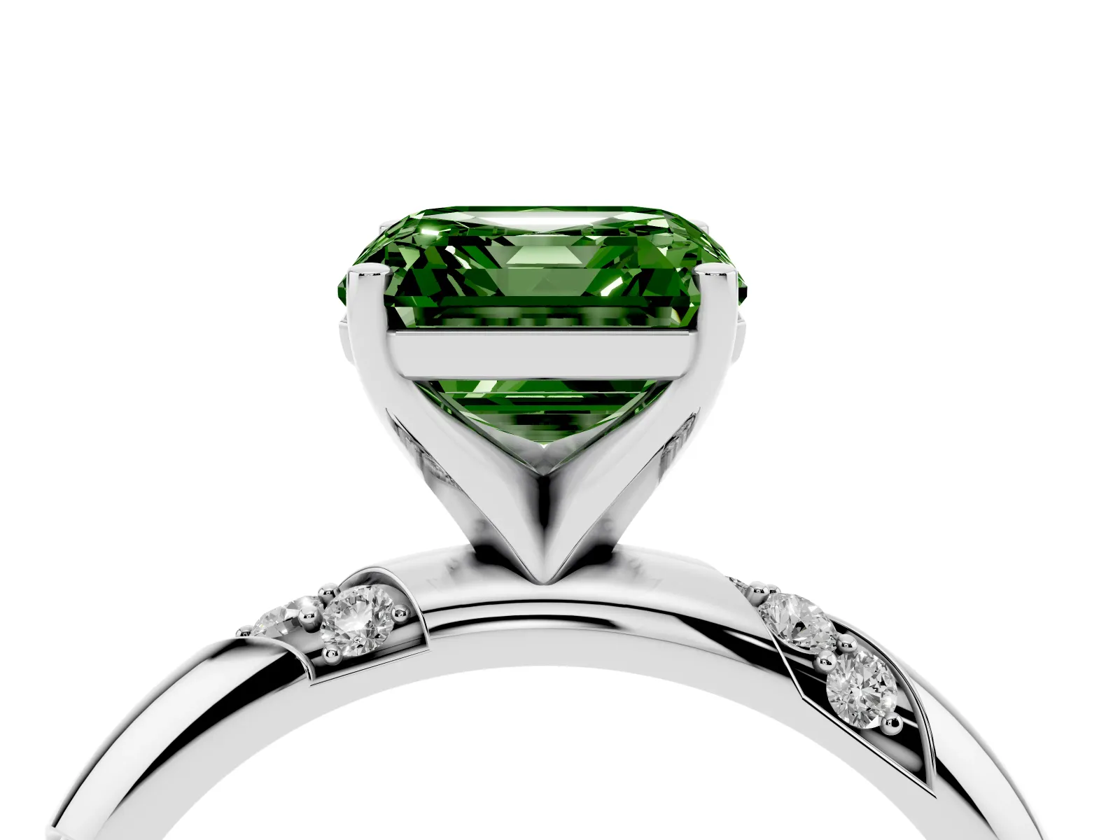 Fancy Green Asscher Cut Diamond Solitaire Engagement Ring with Twisted Round Accent Band and Prong Setting Platinum