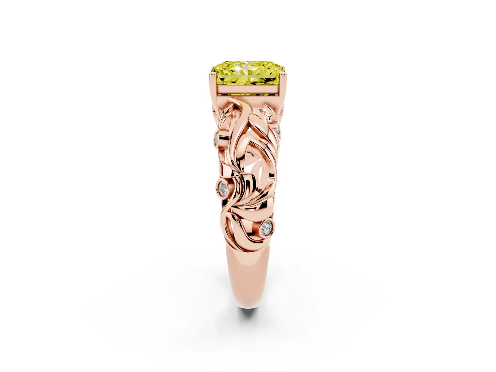 Fancy Yellow Radiant Cut Solitaire Diamond Leaf-Inspired Vine Band Ring with Prong Setting Rose gold
