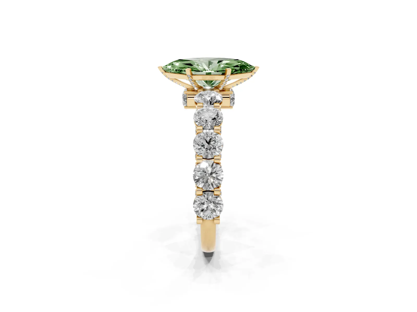 Fancy Green Marquise Cut Diamond Side Stone Engagement Ring with Four-Prong Setting Yellow gold