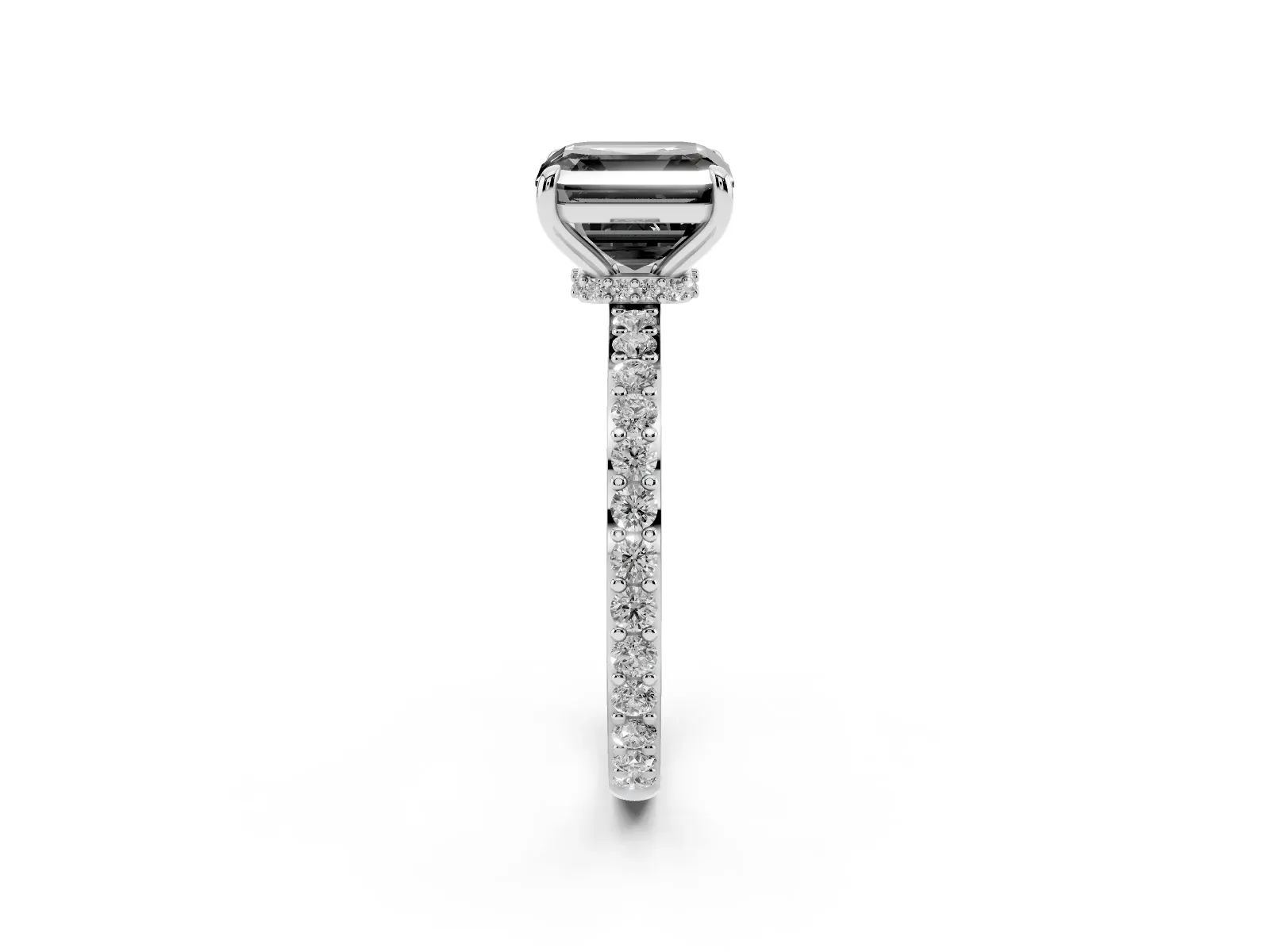 Fancy Black Asscher Cut Diamond Solitaire Engagement Ring with Pavé Band and Four-Prong Setting White gold