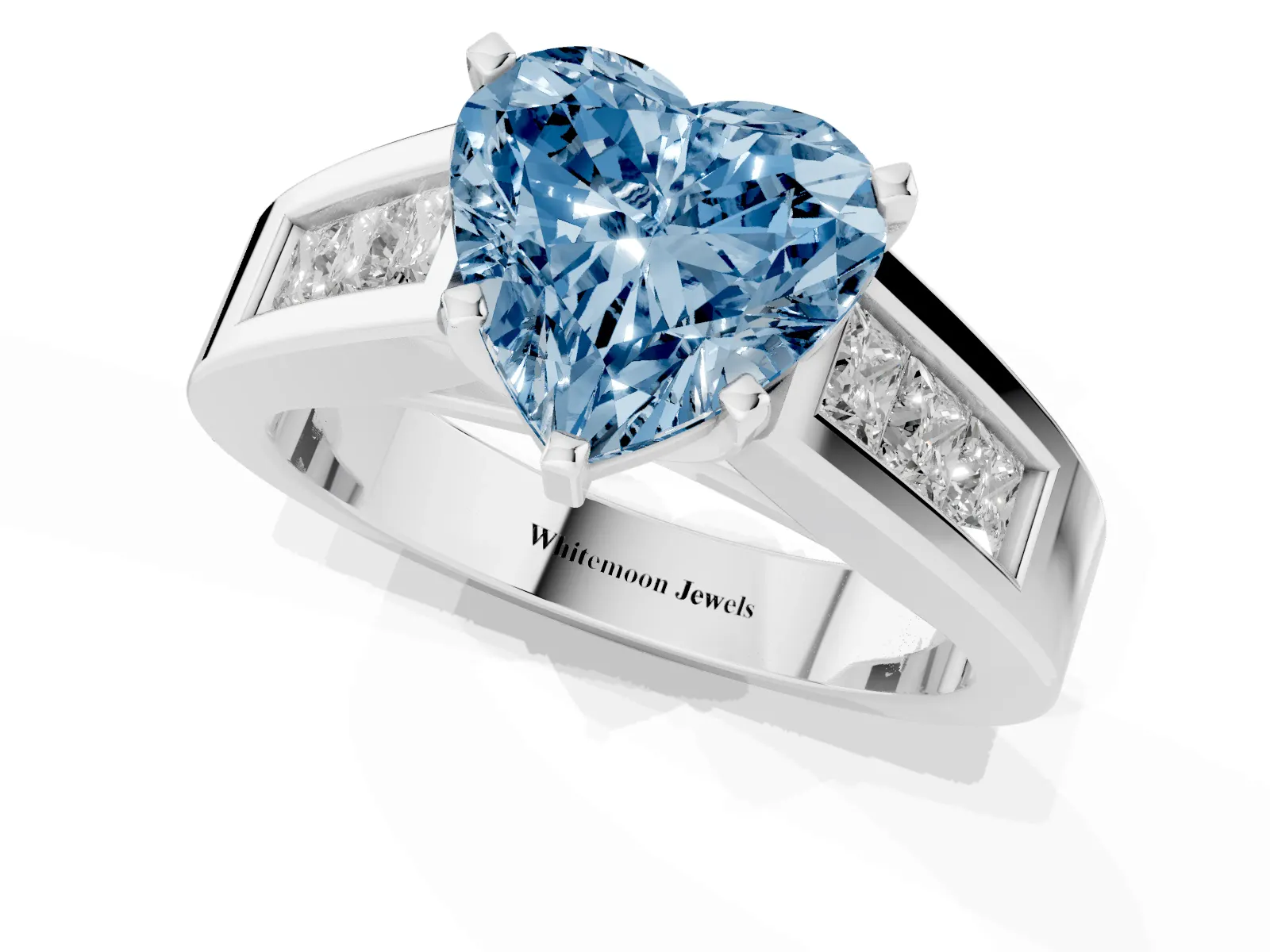 Fancy Blue Heart Cut Cut Channel Set Solitaire Ring with Four-Prong Setting White gold