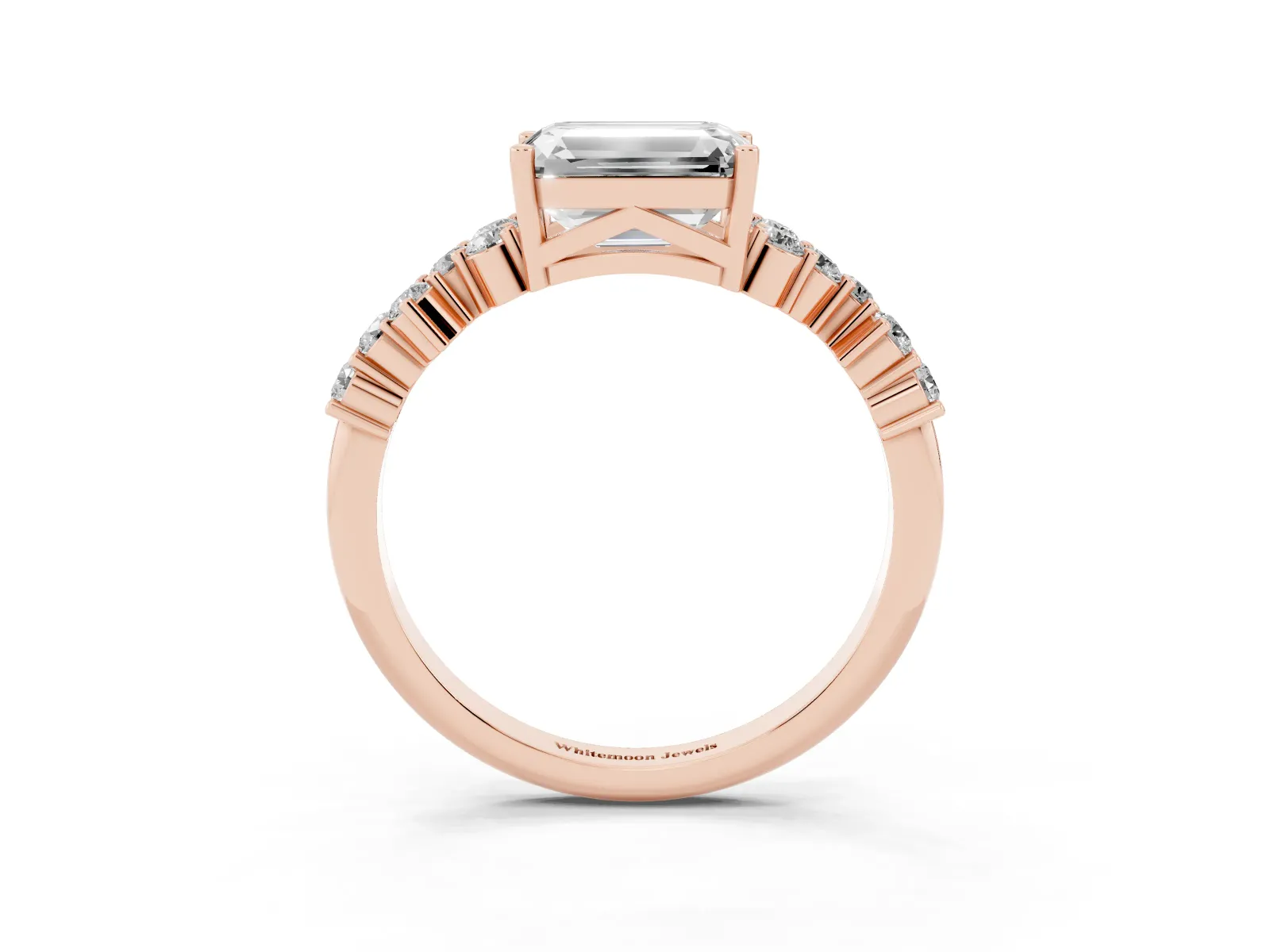 Emerald Cut Diamond Scattered Round Accent Ring with Prong Setting Rose gold