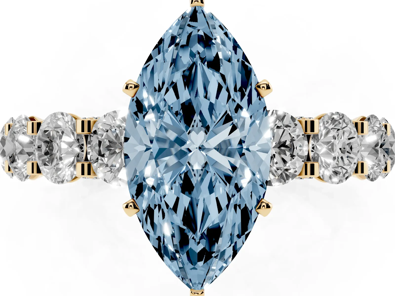 Fancy Blue Marquise Cut Diamond Side Stone Engagement Ring with Four-Prong Setting Yellow gold