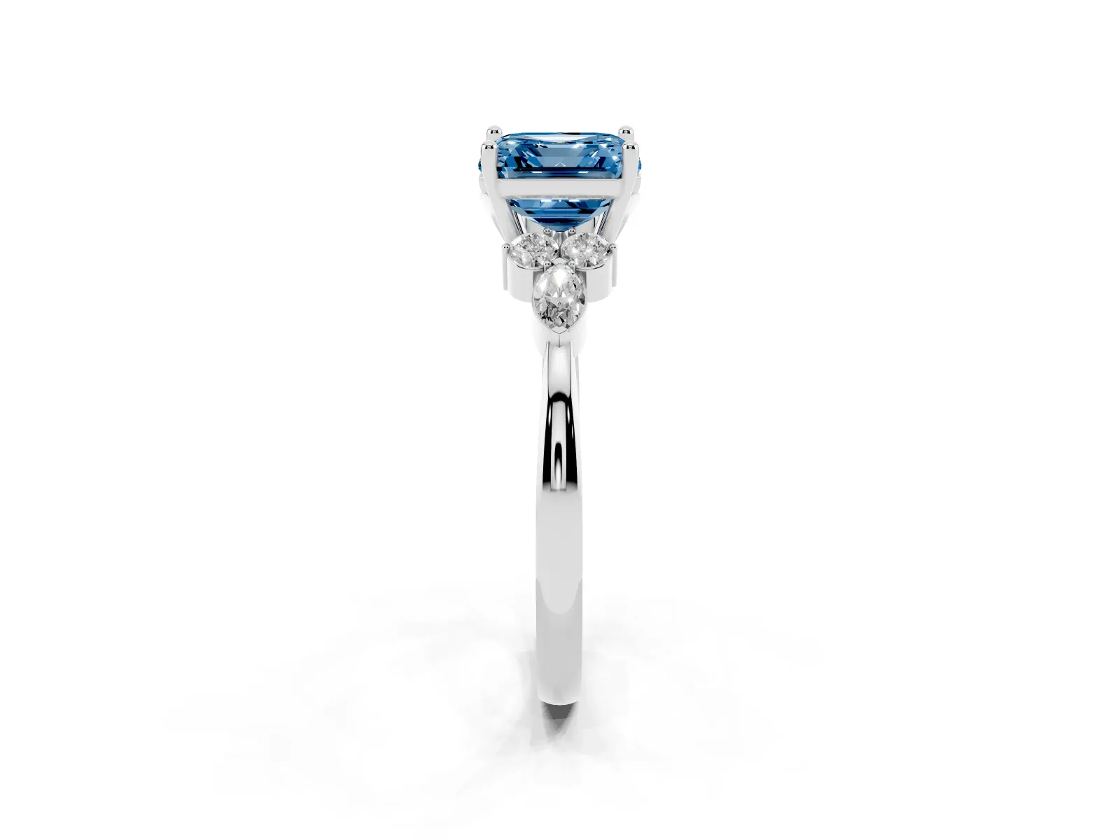 Fancy Blue Asscher Cut Brilliant Diamond Solitaire Ring with Pear Side Stones and Four-Prong Setting Platinum