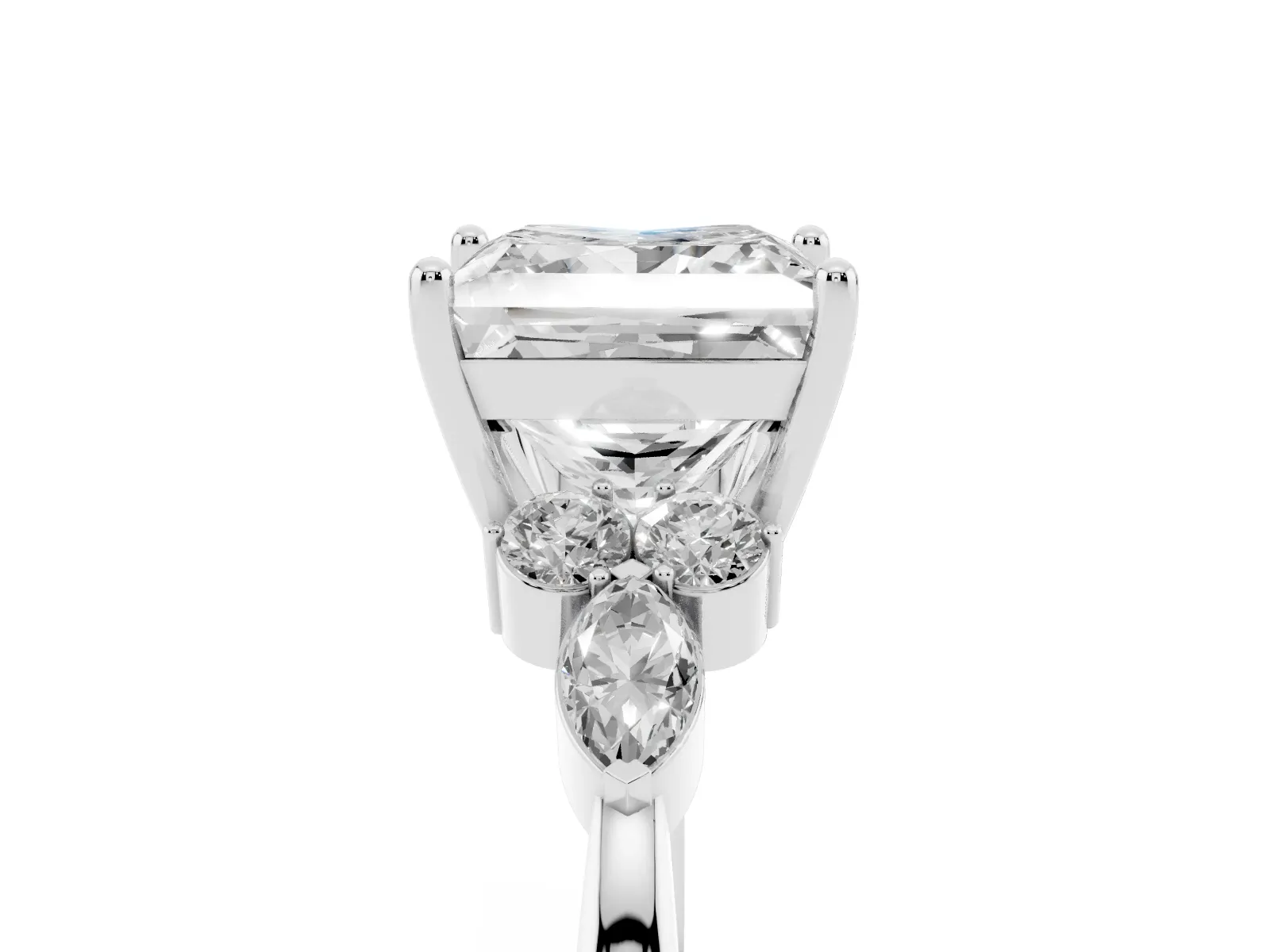 Princess Cut Brilliant Diamond Solitaire Ring with Pear Side Stones and Four-Prong Setting Platinum