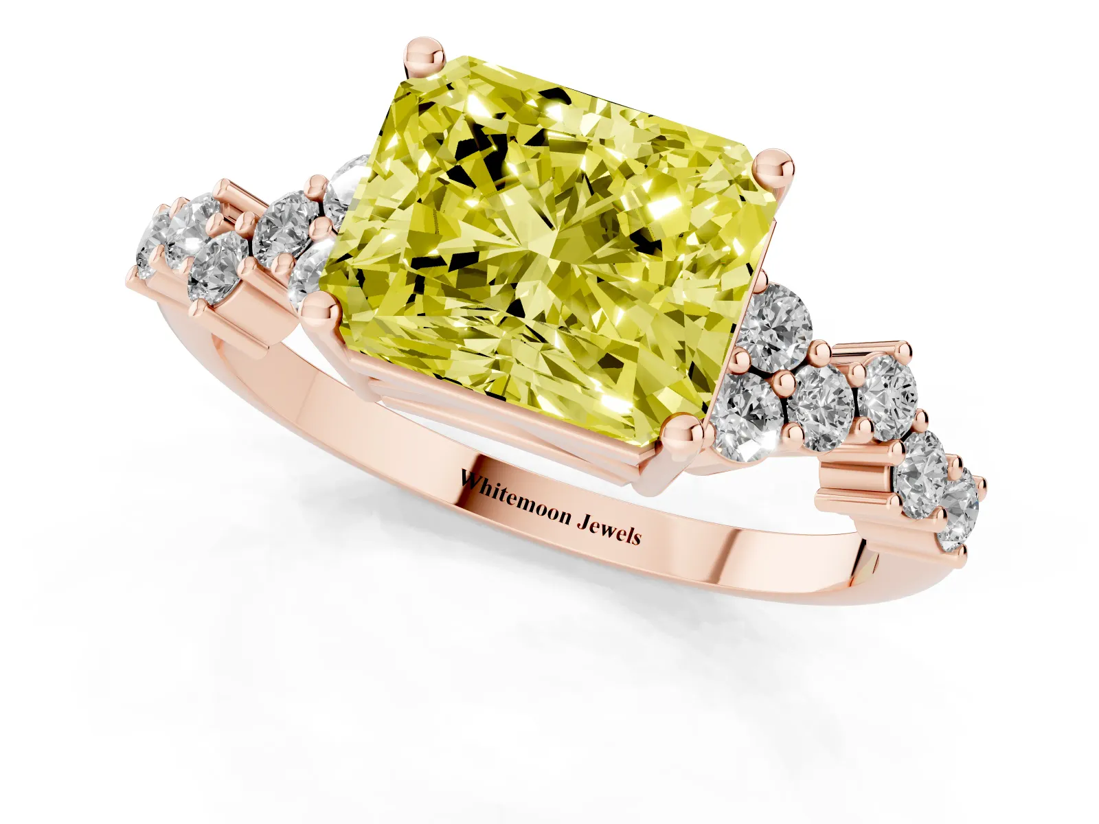 Fancy Yellow Radiant Cut Diamond Scattered Round Accent Ring with Prong Setting Rose gold