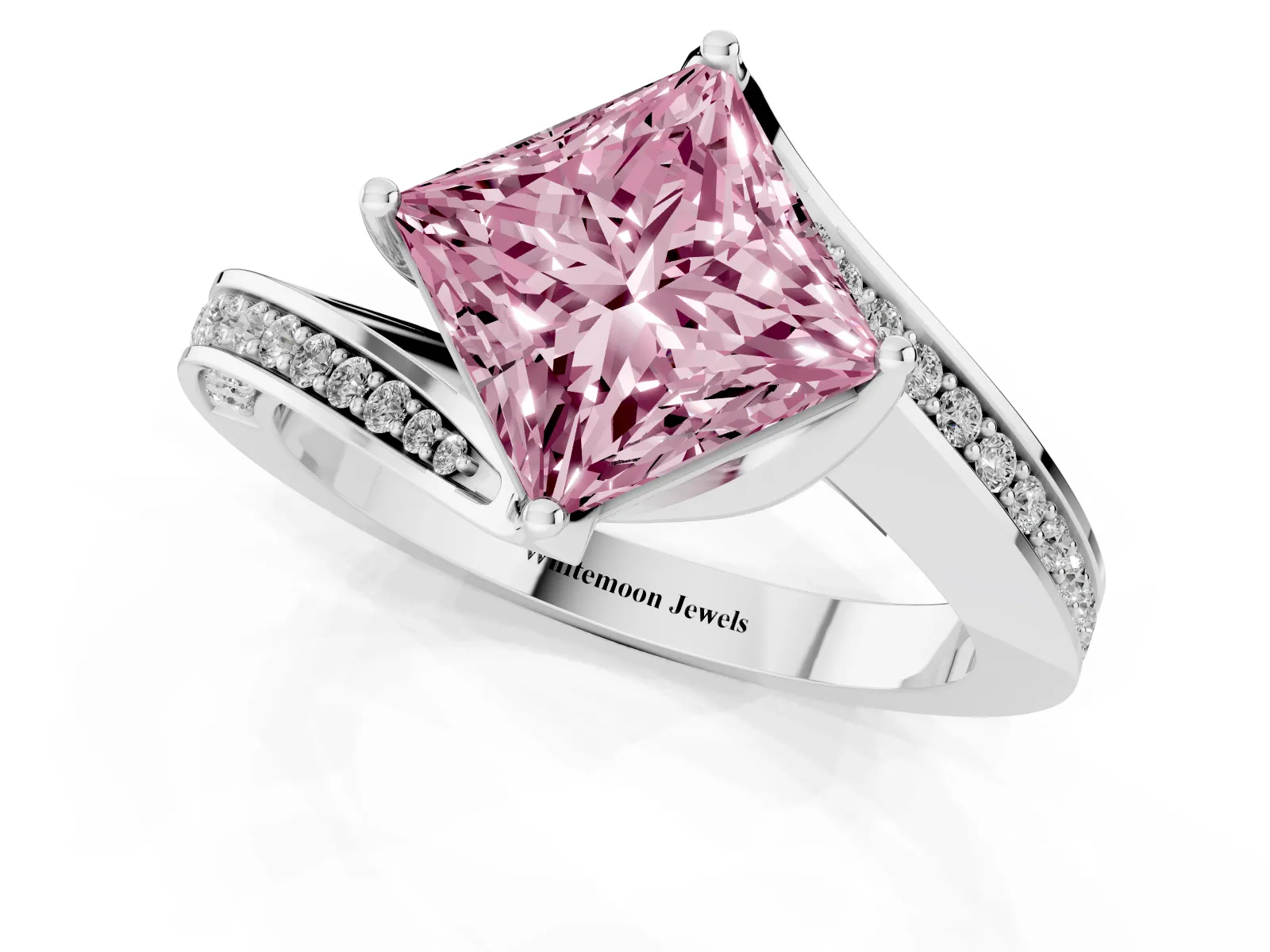 Fancy Pink Princess Cut Solitaire Diamond Twist Band with Pavé Setting and Four-Prong Setting Platinum