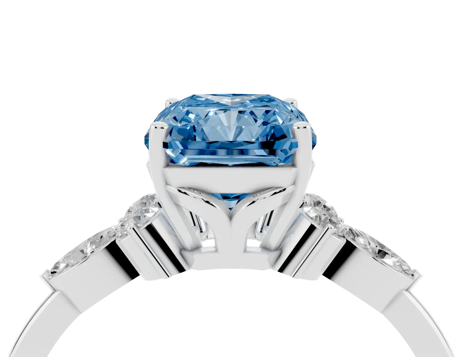 Fancy Blue Radiant Cut Brilliant Diamond Solitaire Ring with Pear Side Stones and Four-Prong Setting White gold