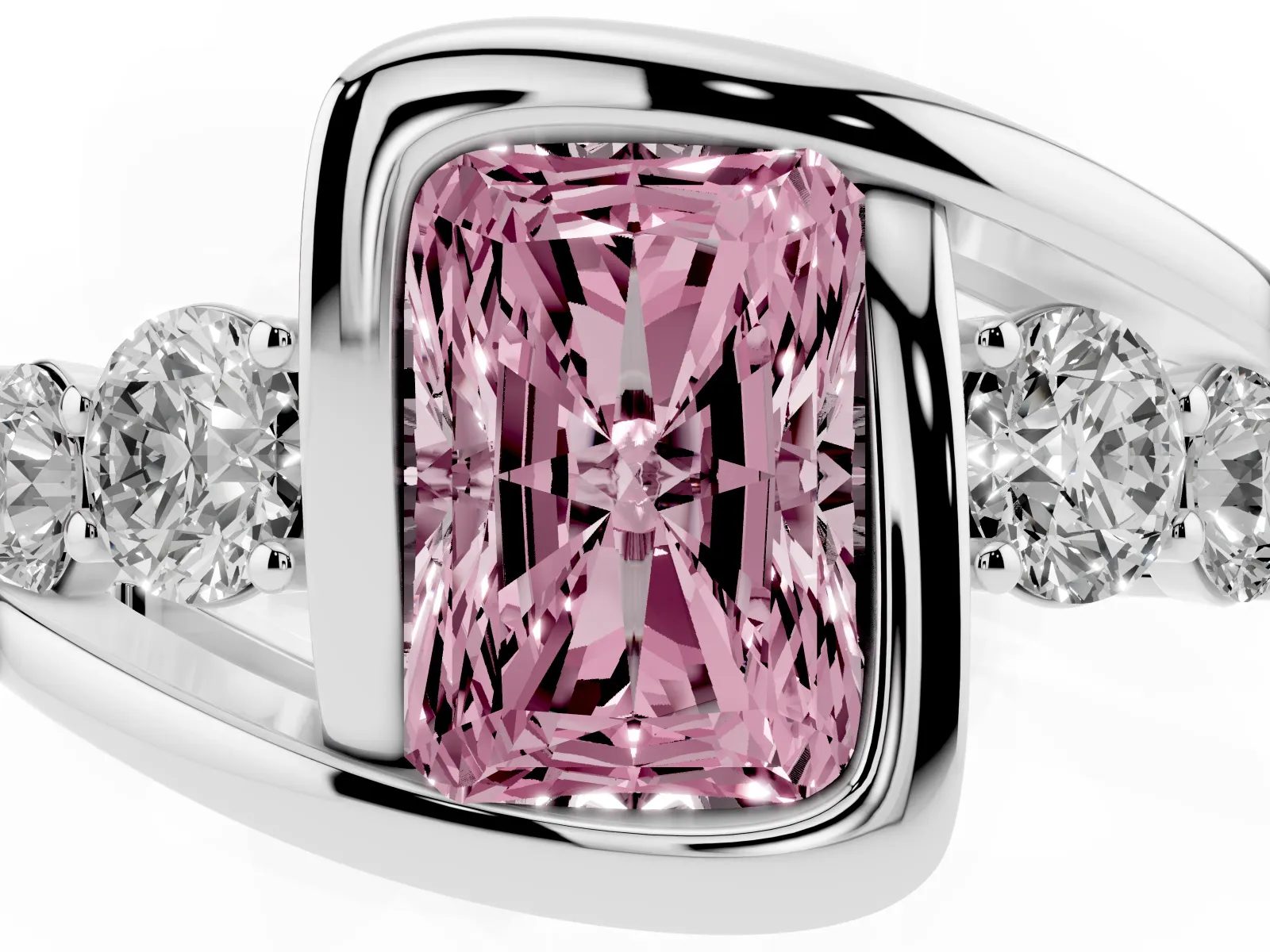 Fancy Pink Bezel Set Radiant Cut Diamond Bypass Ring with Round Accents White gold