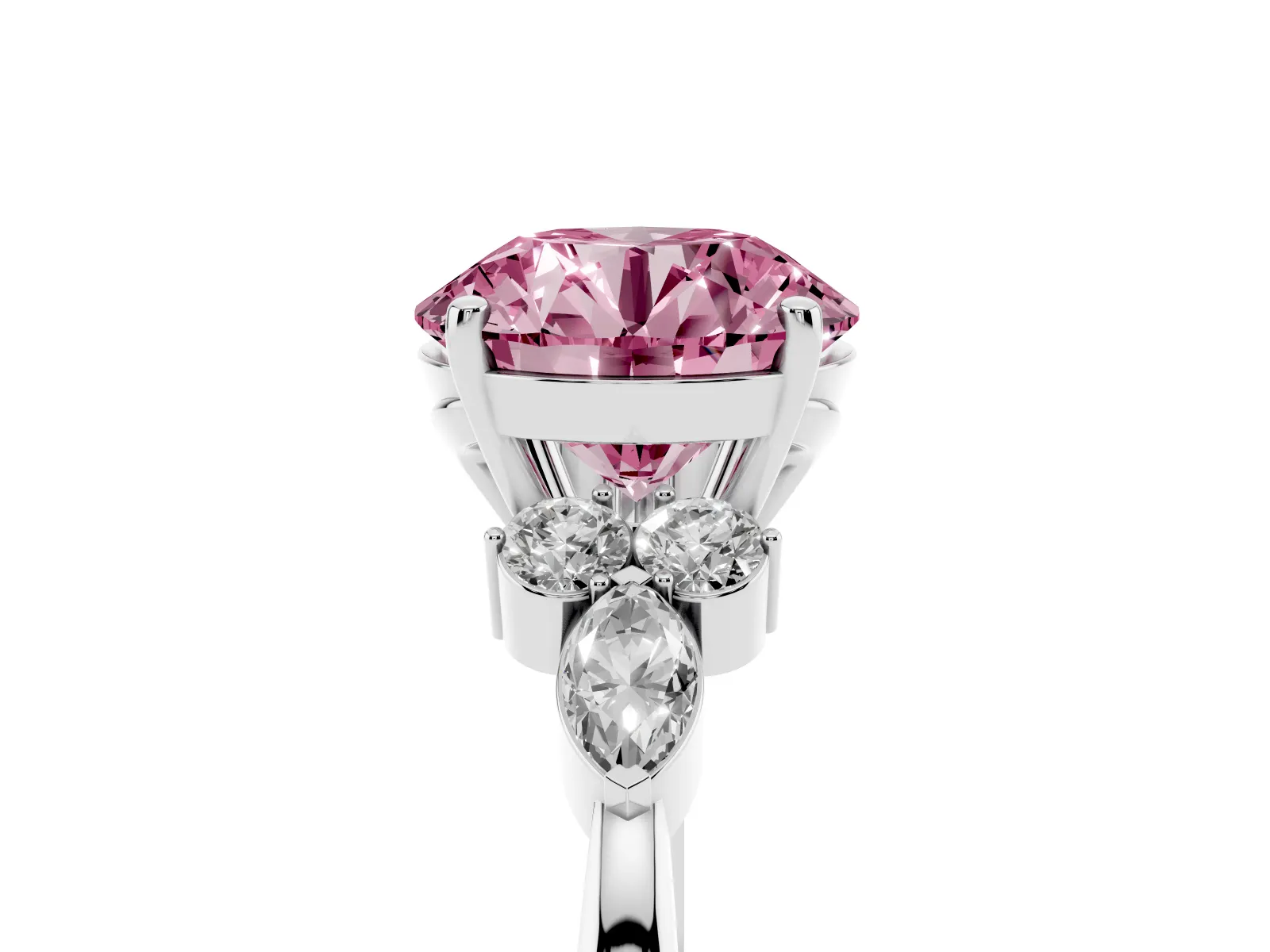 Fancy Pink Round Cut Brilliant Diamond Solitaire Ring with Pear Side Stones and Four-Prong Setting Platinum