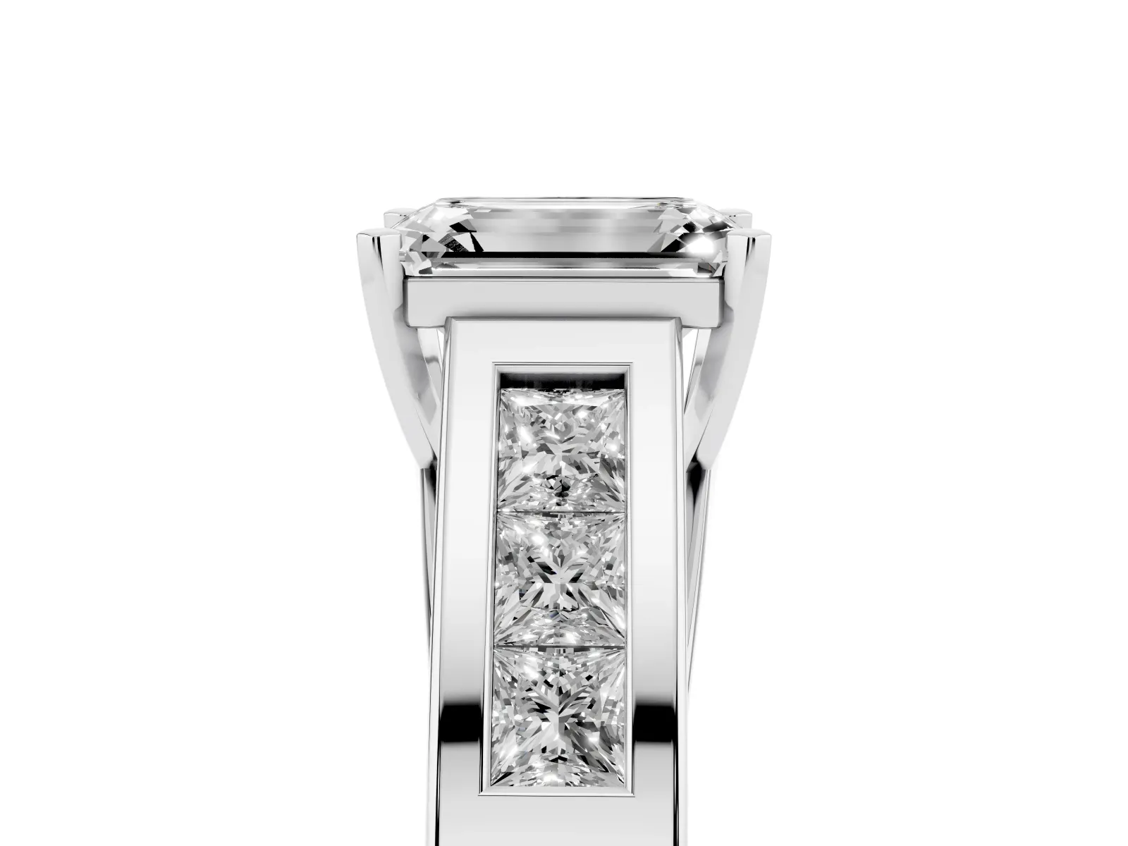 Emerald Cut Cut Channel Set Solitaire Ring with Four-Prong Setting Platinum