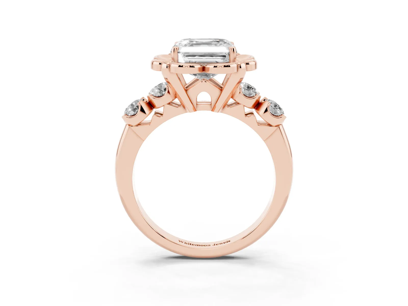 Asscher Cut Cut Diamond Floral Halo Engagement Ring with Shared Prong Setting Rose gold