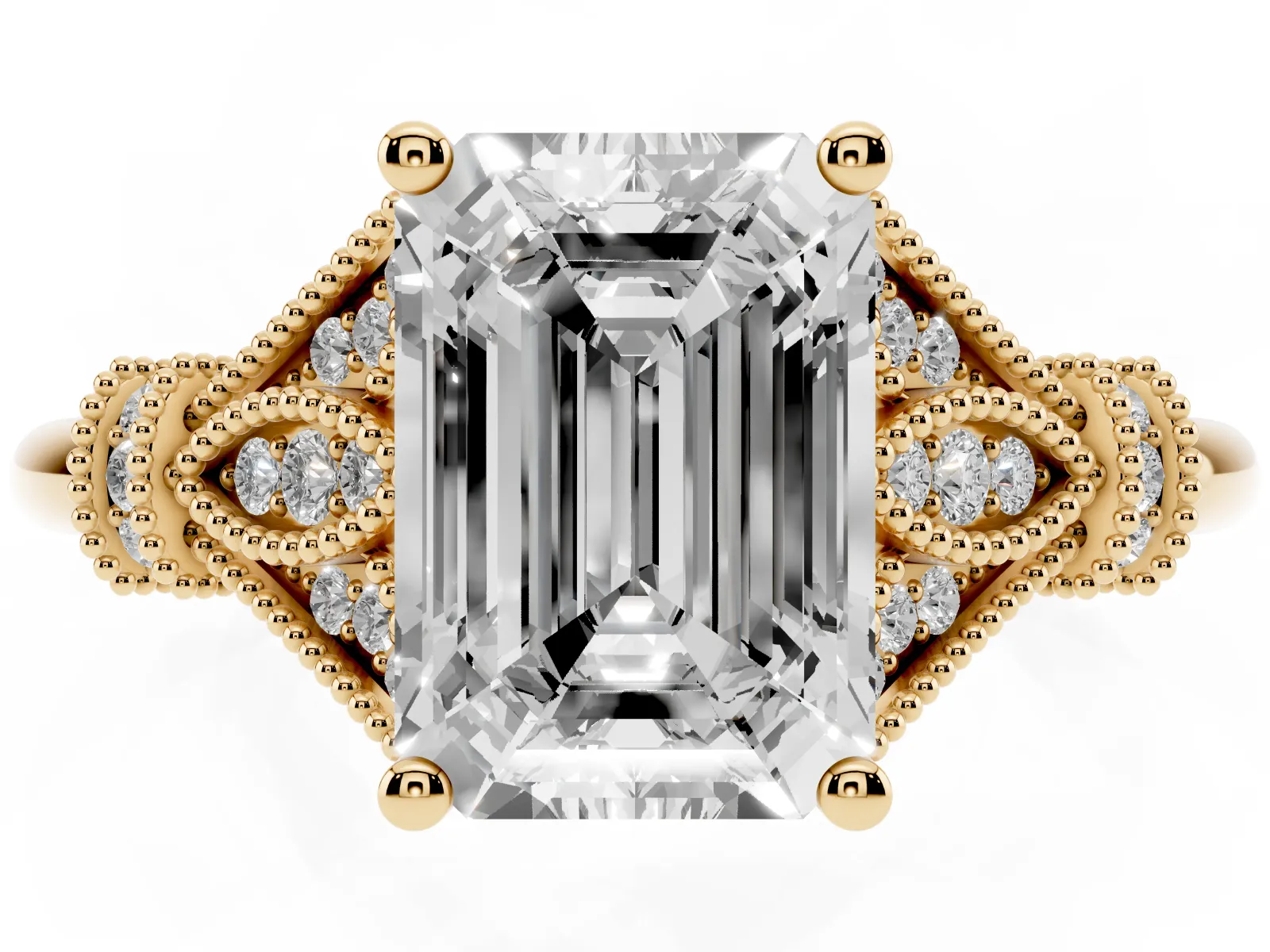 Emerald Cut Diamond Solitaire Ring with Floral Filigree and Pave Accents Yellow gold