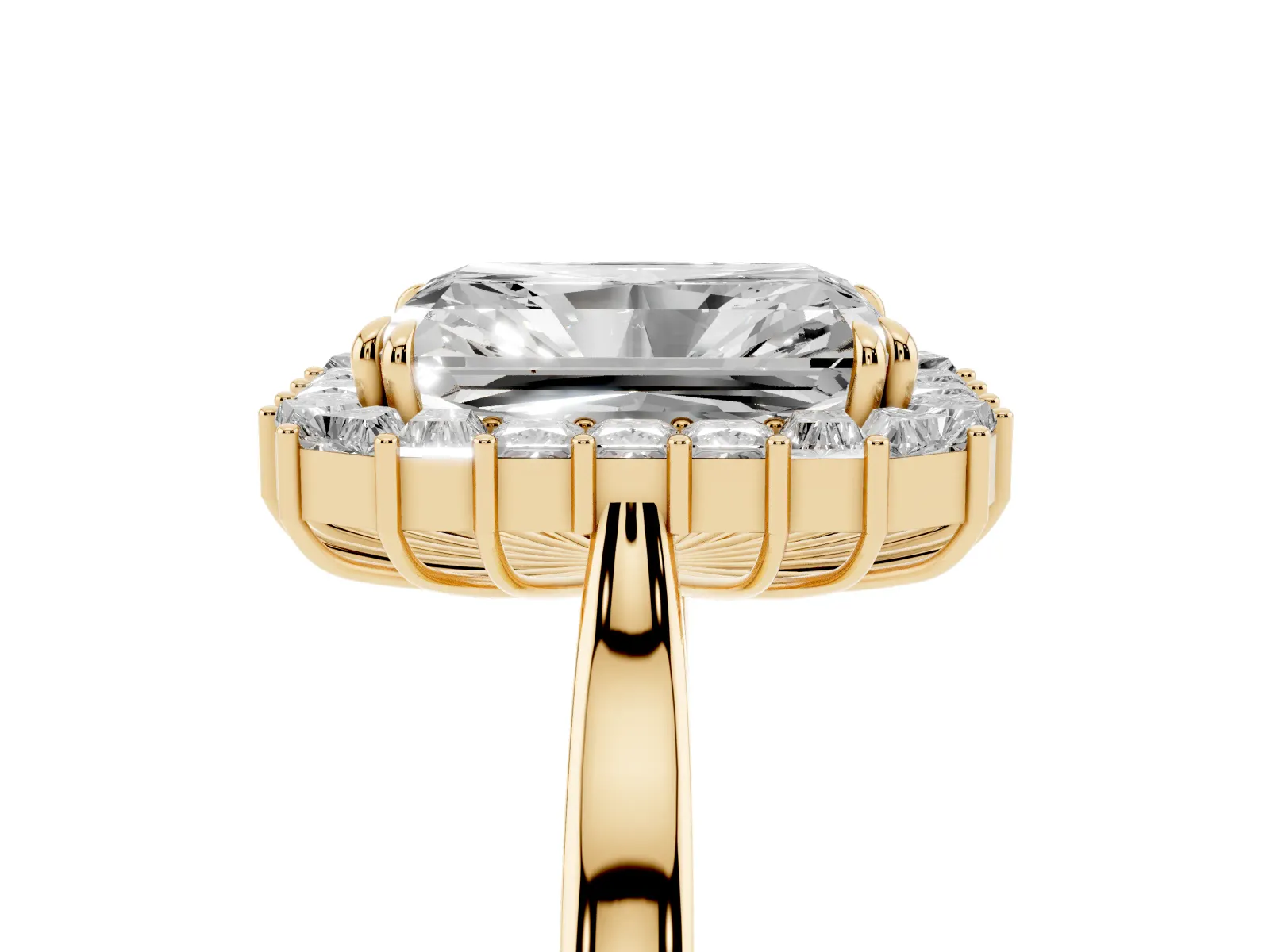 Radiant Diamond Baguette Halo Engagement Ring Yellow gold