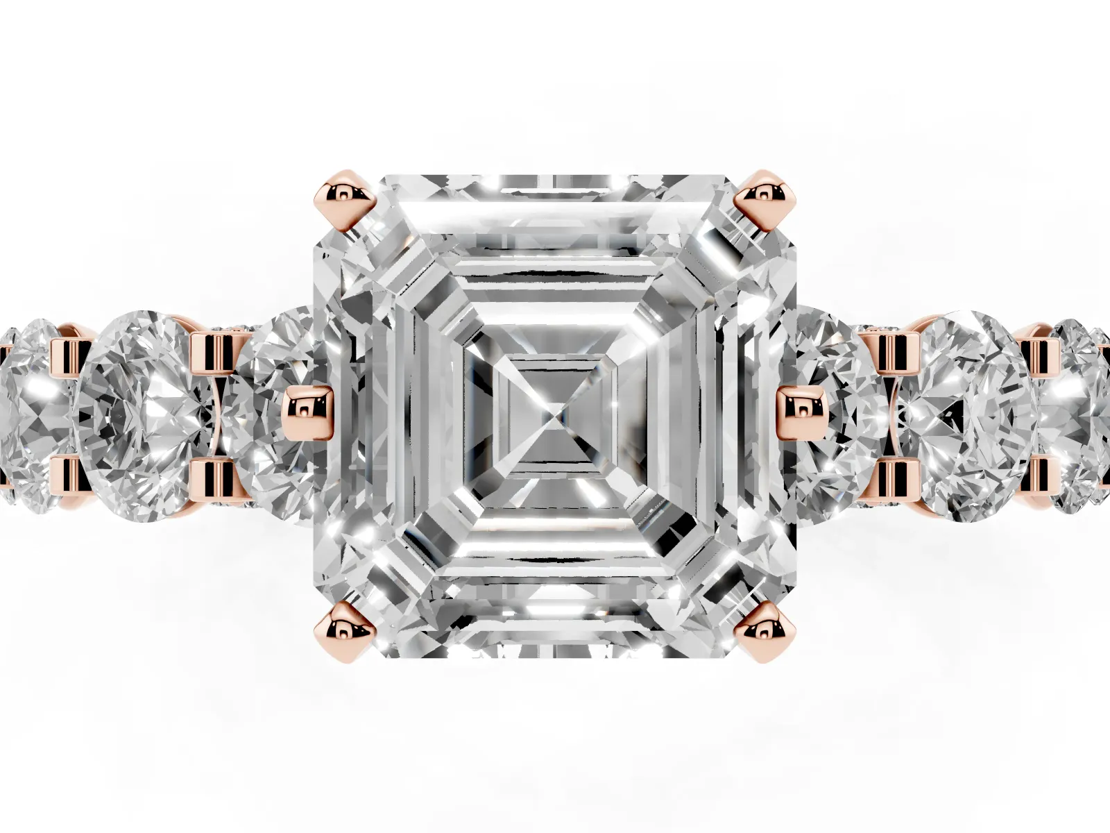 Asscher Cut Diamond Side Stone Engagement Ring with Four-Prong Setting Rose gold