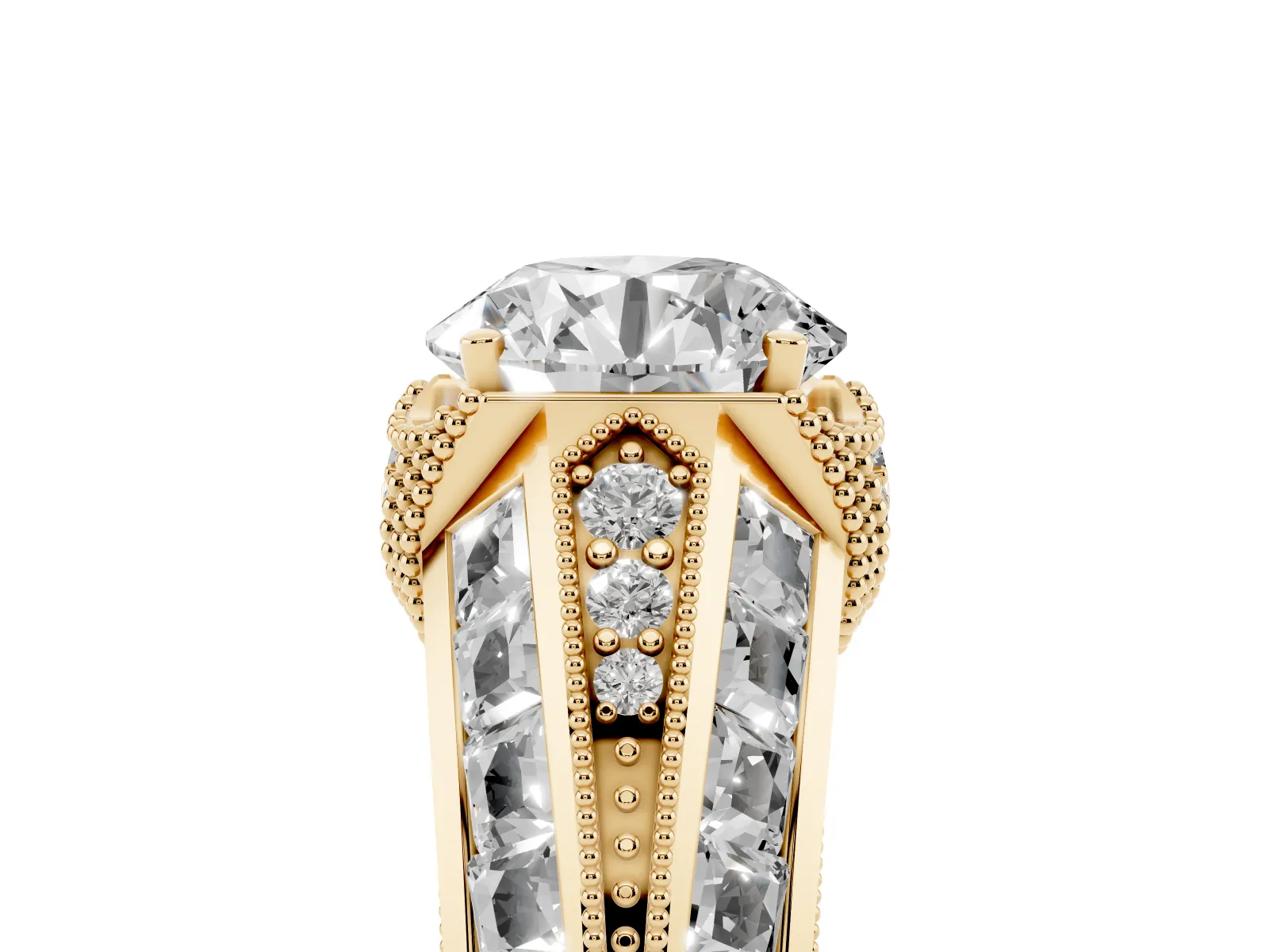 Vintage Milgrain Round Cut Diamond Split Shank Ring with Prong Setting Yellow gold