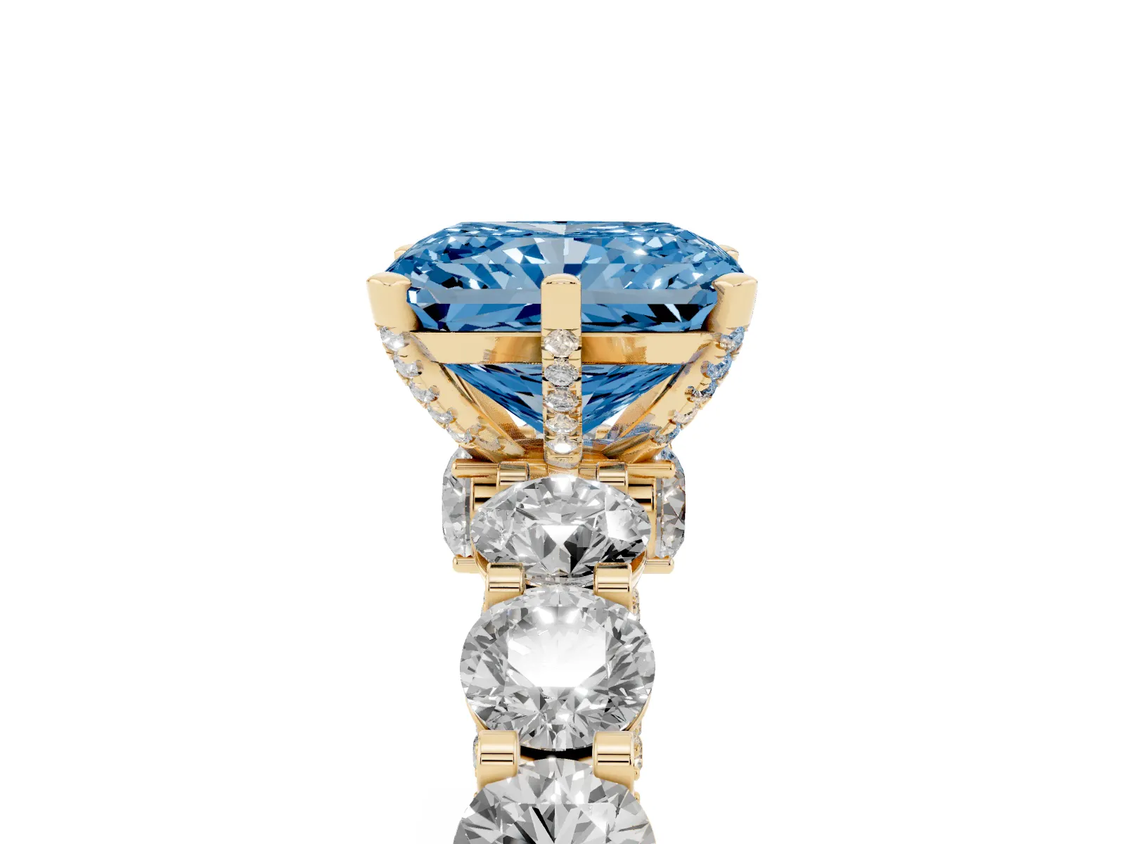 Fancy Blue Radiant Cut Diamond Side Stone Engagement Ring with Four-Prong Setting Yellow gold