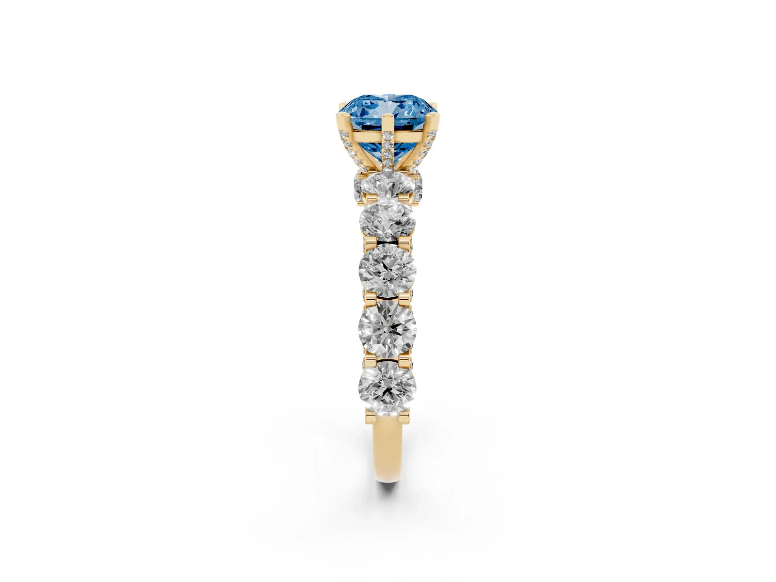 Fancy Blue Cushion Cut Diamond Side Stone Engagement Ring with Four-Prong Setting Yellow gold