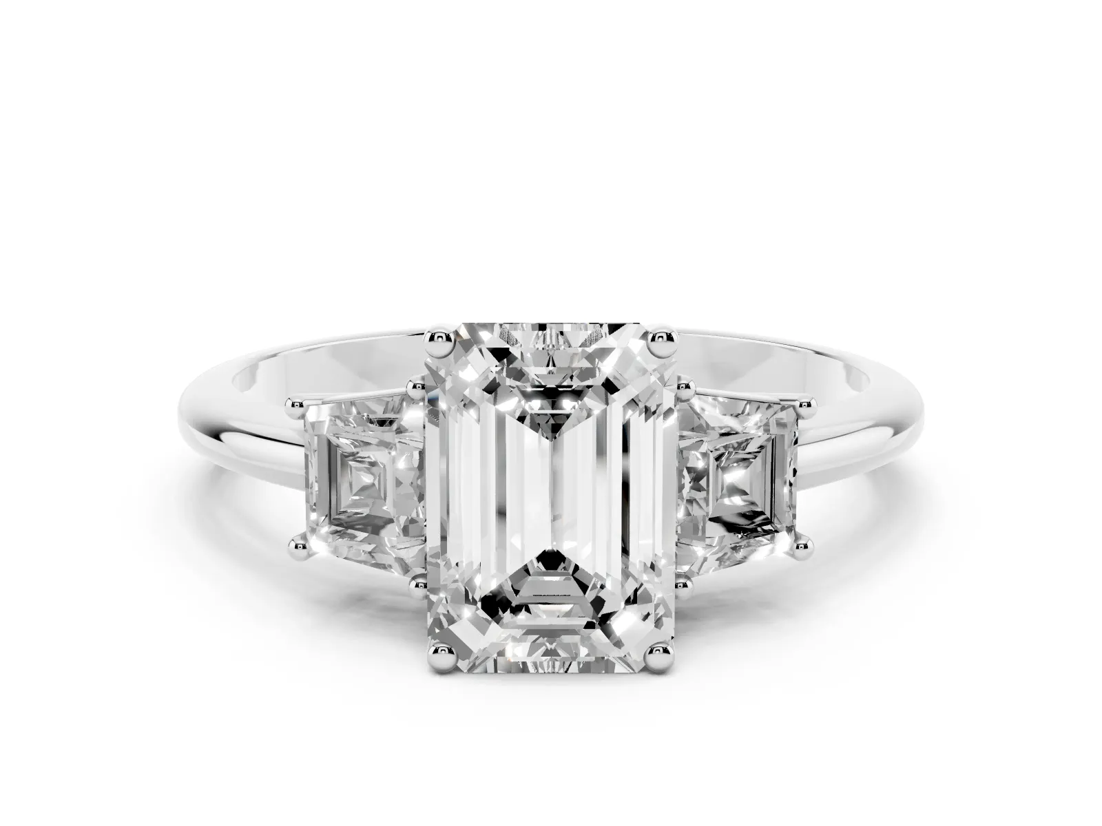 Emerald Cut Diamond Three-Stone Ring with Trapezoid Side Stones and Prong Setting Platinum