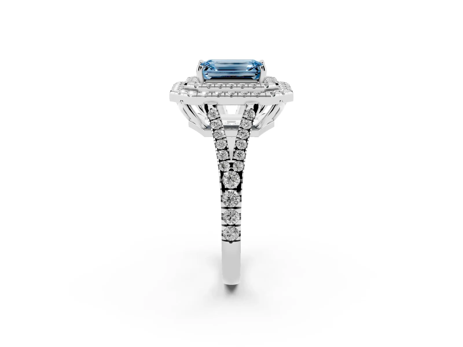 Fancy Blue Emerald Cut Diamond Double Halo Ring with Pavé Band and Prong Setting Platinum